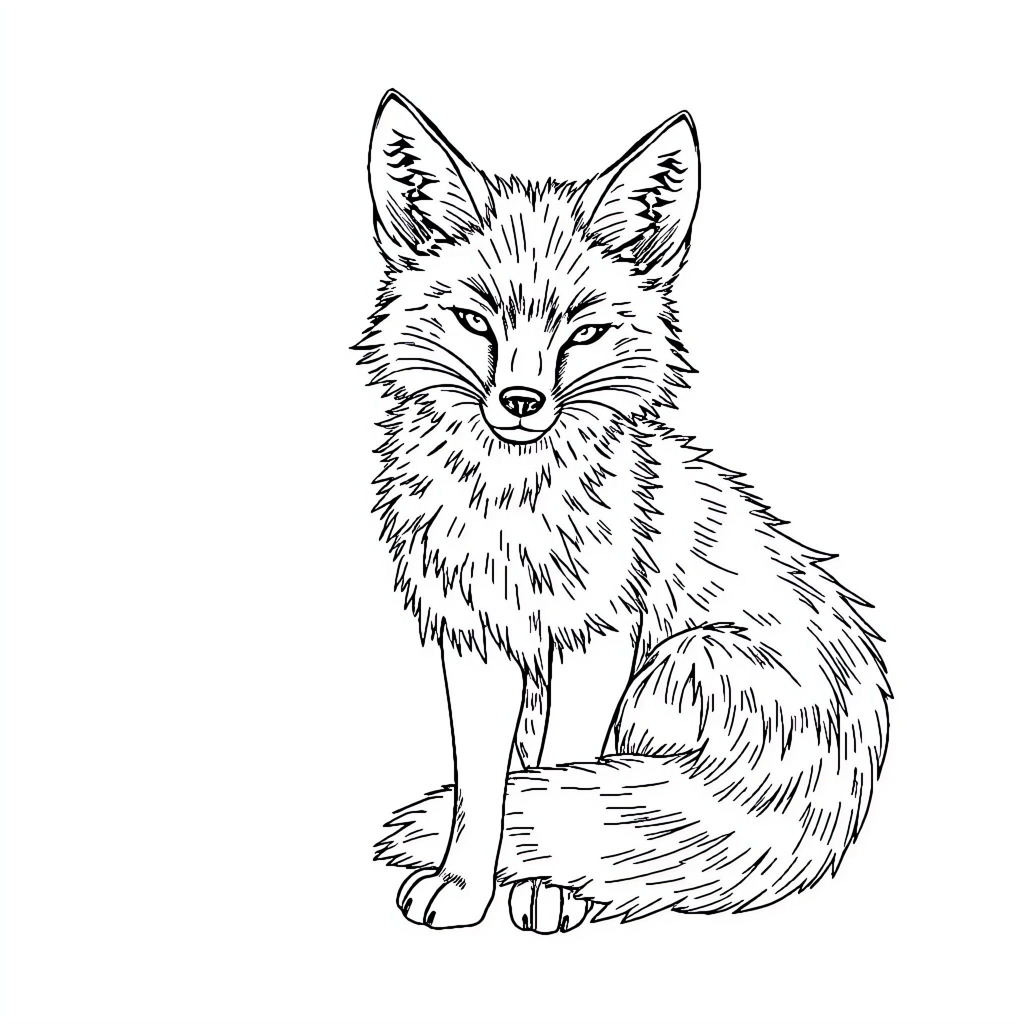 Fox sitting curiously with attentive expression Coloring Page (free black-and-white line drawing printable PDF for all, from beginners to advanced learners, including children, teens, adults, and seniors)
