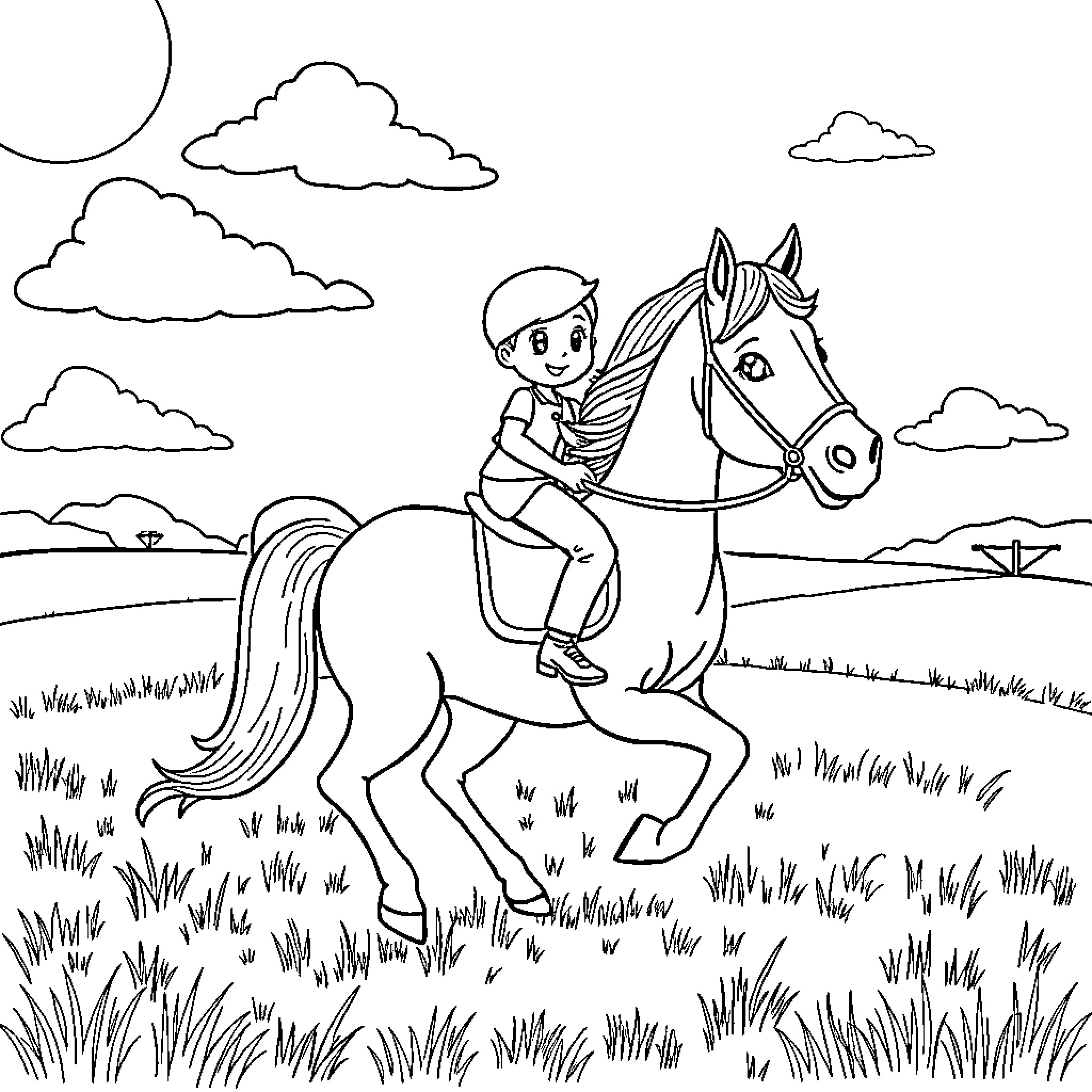 Bluey riding a horse through the countryside Coloring Page (free black-and-white line drawing printable PDF for all, from beginners to advanced learners, including children, teens, adults, and seniors)