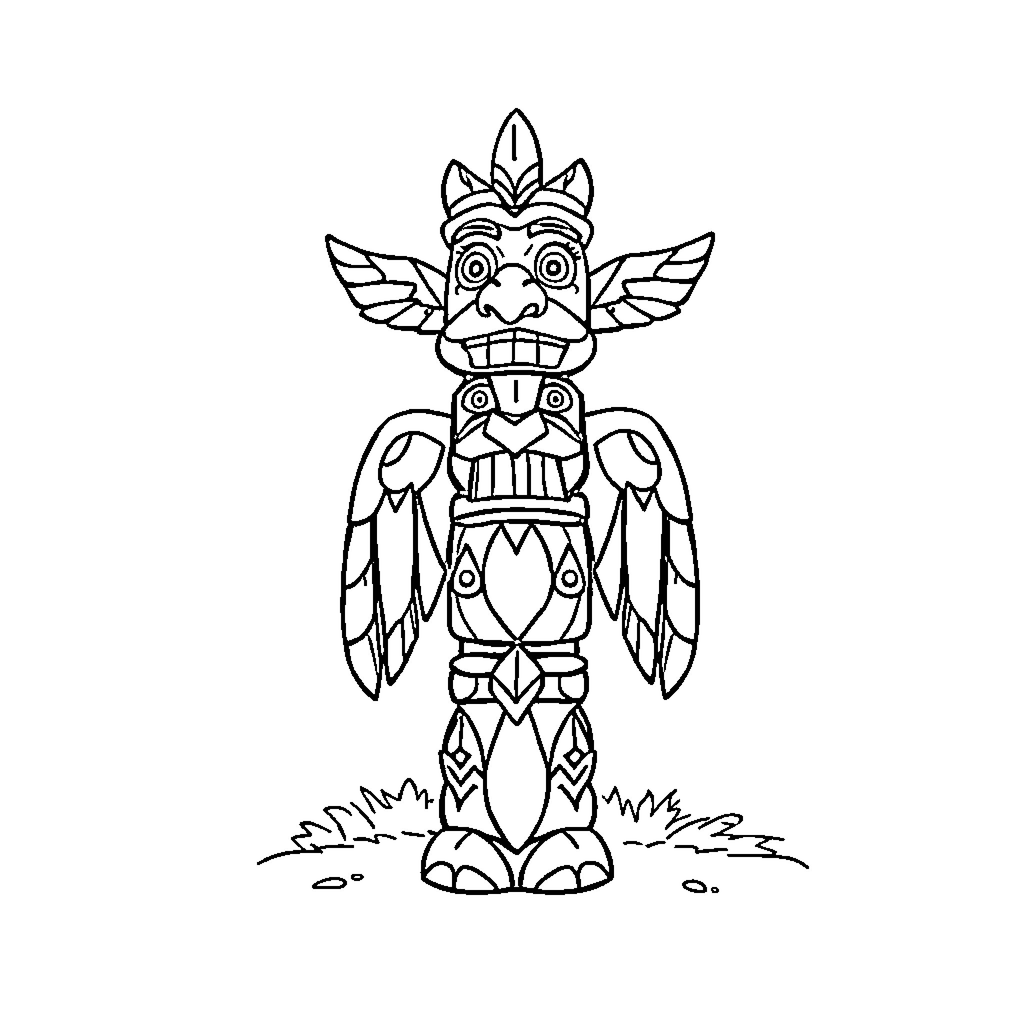 Totem Pole Depicting Mythical Creature Coloring Page (free black-and-white line drawing printable PDF for all, from beginners to advanced learners, including children, teens, adults, and seniors)
