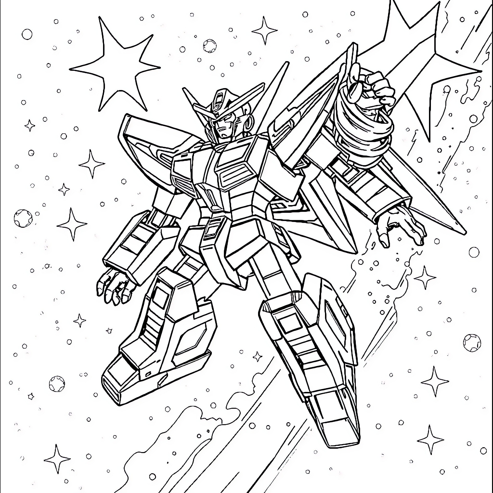 Voltron Mecha in Outer Space Combat Coloring Page (free black-and-white line drawing printable PDF for all, from beginners to advanced learners, including children, teens, adults, and seniors)