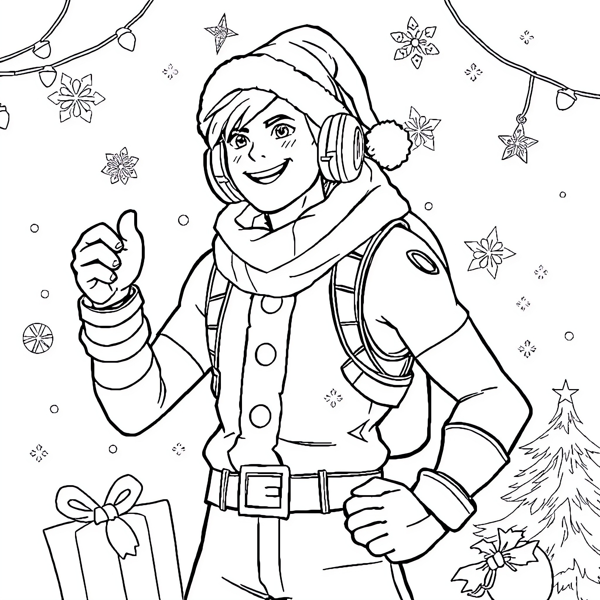 Fortnite Character Celebrating Holiday Season Coloring Page (free black-and-white line drawing printable PDF for all, from beginners to advanced learners, including children, teens, adults, and seniors)