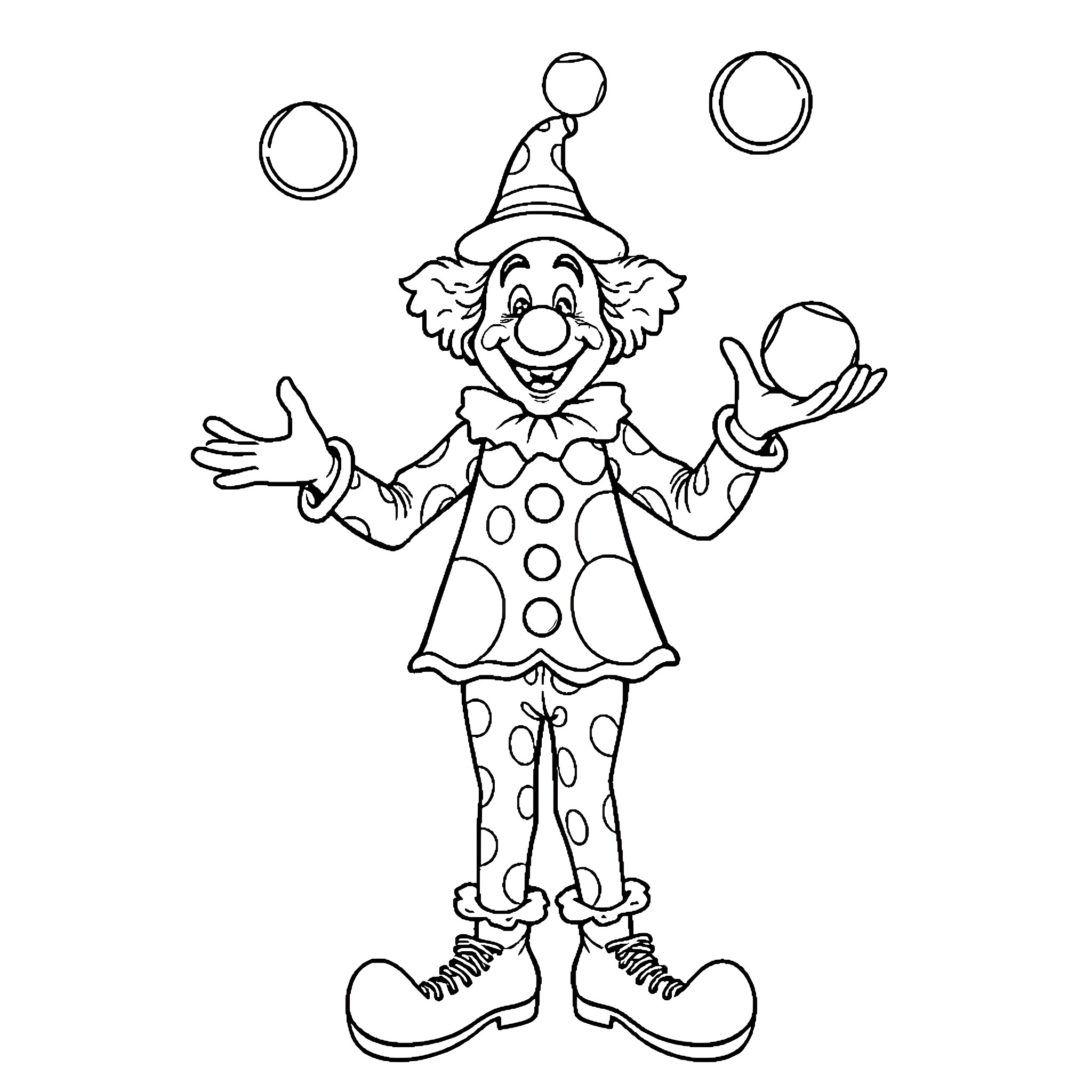 Clown performing whimsical tricks with balloons Coloring Page (free black-and-white line drawing printable PDF for all, from beginners to advanced learners, including children, teens, adults, and seniors)
