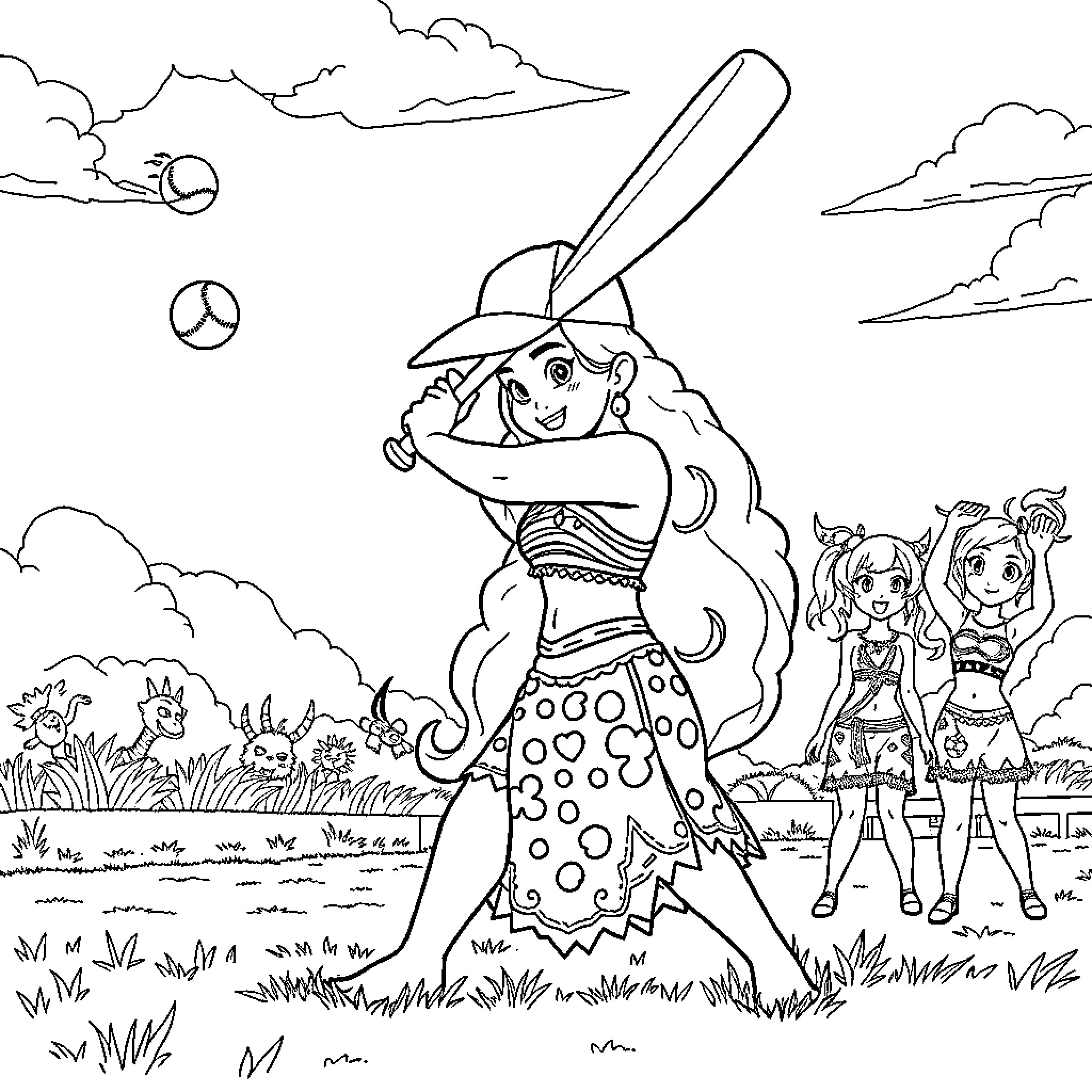 Moana playing happily with friends in the park Coloring Page (free black-and-white line drawing printable PDF for all, from beginners to advanced learners, including children, teens, adults, and seniors)