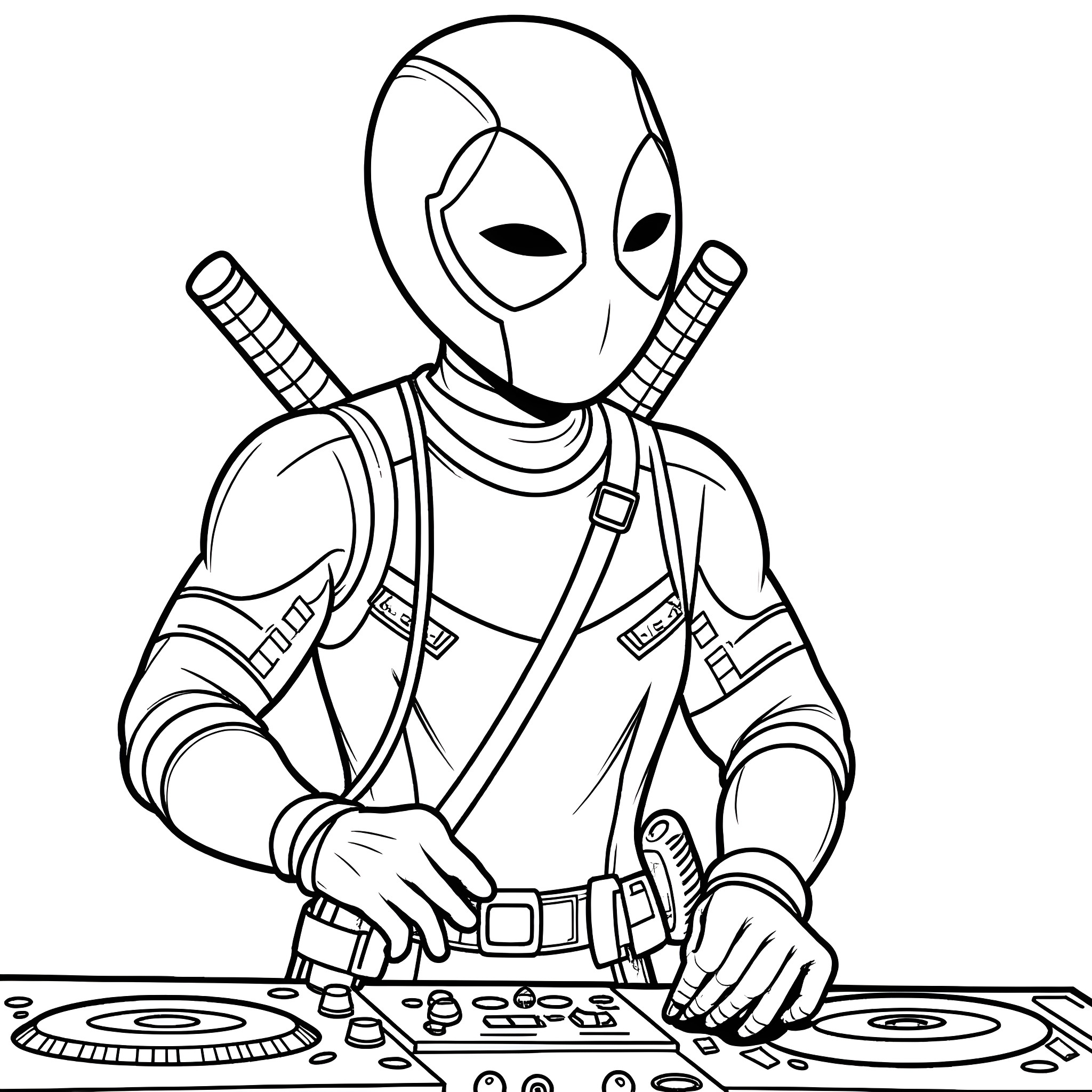 DJ Deadpool performing tricks with his equipment Coloring Page (free black-and-white line drawing printable PDF for all, from beginners to advanced learners, including children, teens, adults, and seniors)