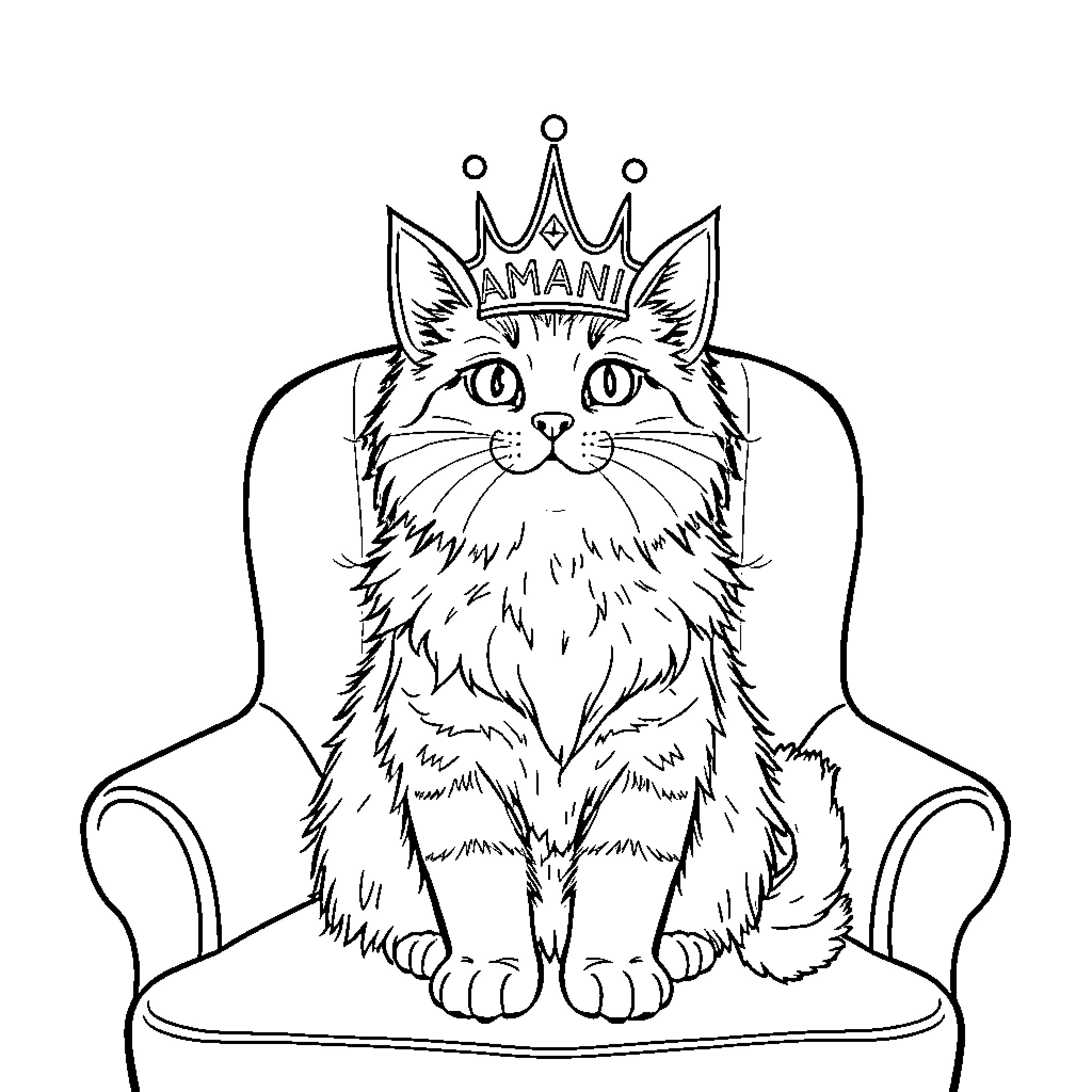 Cat crowned prince on a throne Coloring Page (free black-and-white line drawing printable PDF for all, from beginners to advanced learners, including children, teens, adults, and seniors)