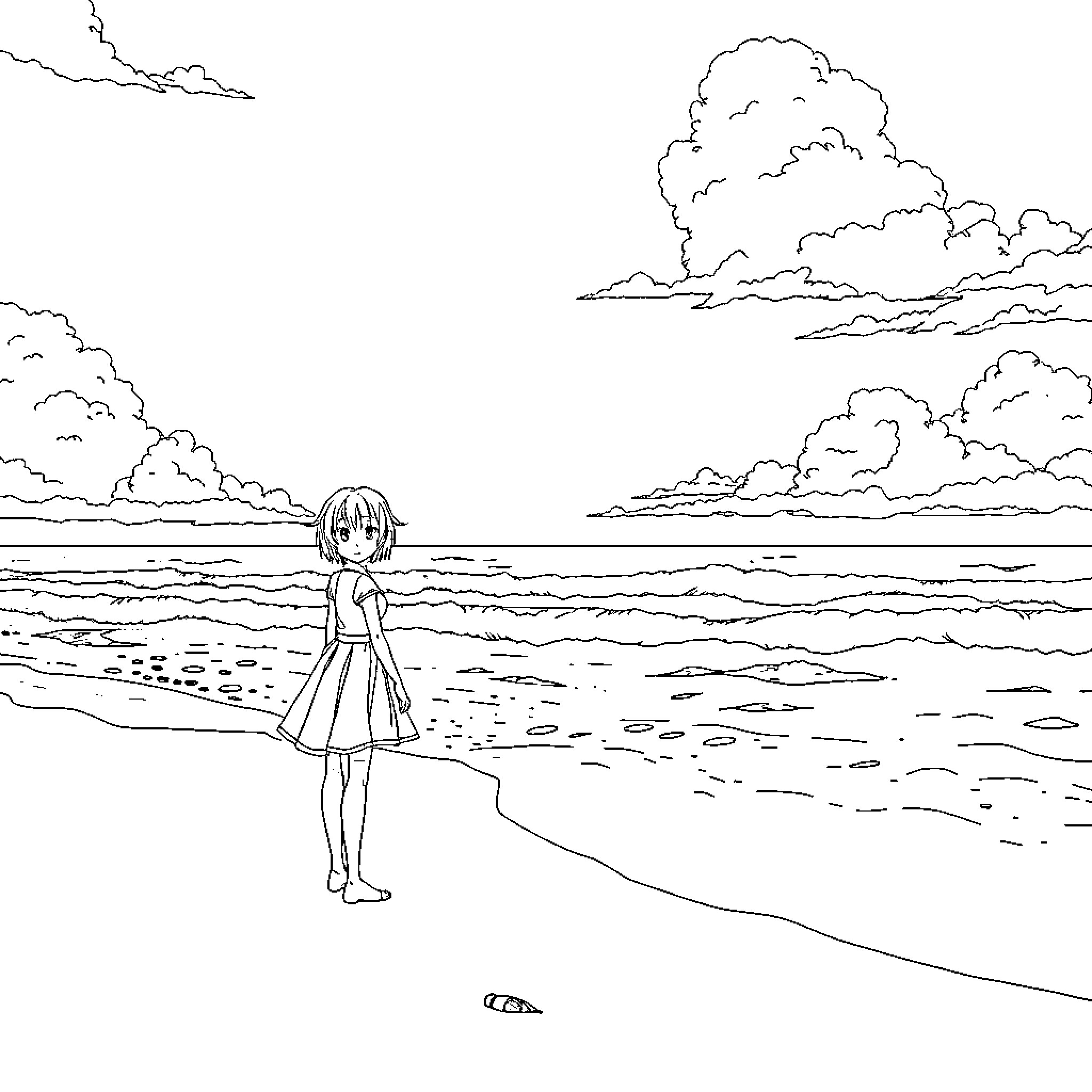 Girl enjoys peaceful moment on the beach Coloring Page (free black-and-white line drawing printable PDF for all, from beginners to advanced learners, including children, teens, adults, and seniors)