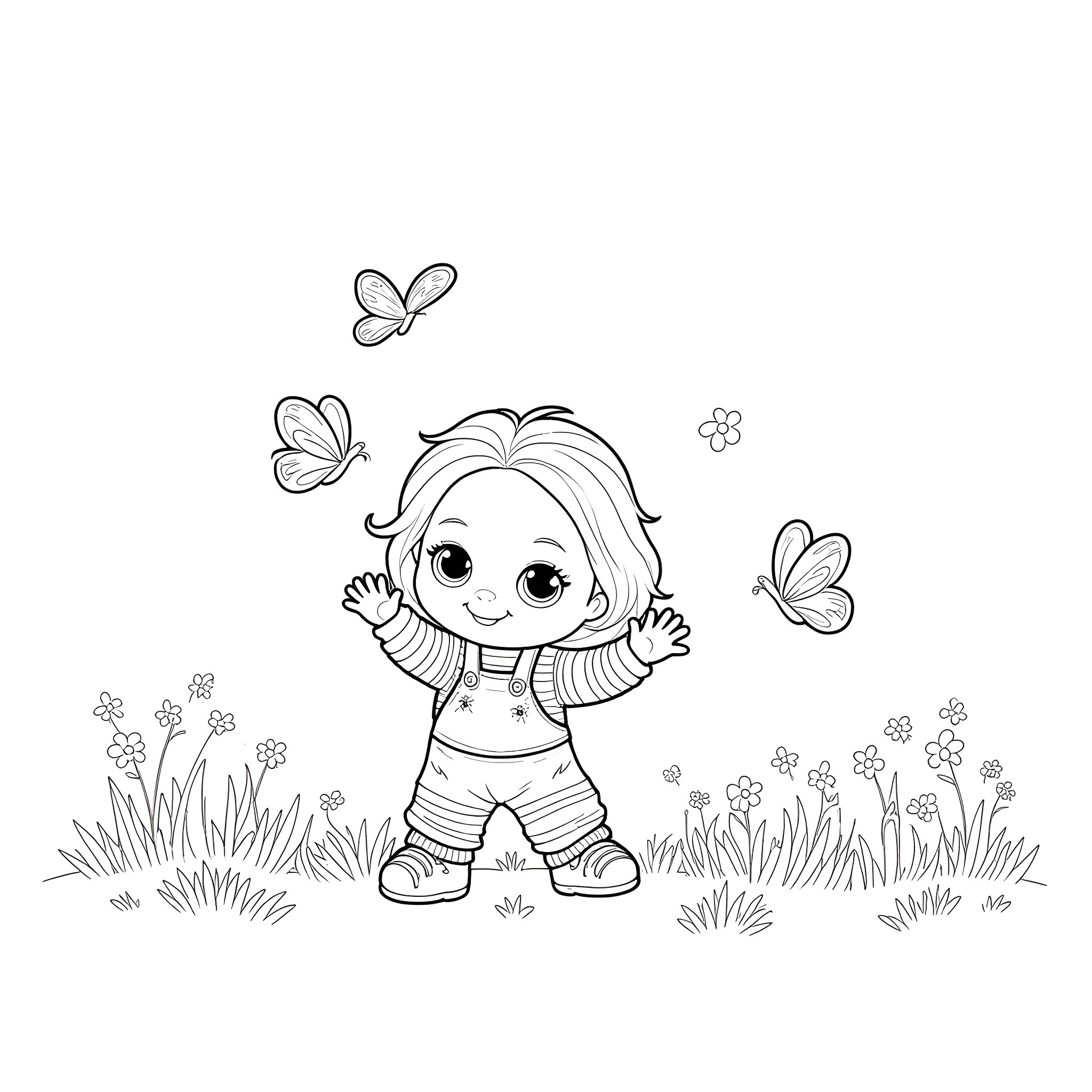 Chucky plays happily with butterflies in nature Coloring Page (free black-and-white line drawing printable PDF for all, from beginners to advanced learners, including children, teens, adults, and seniors)