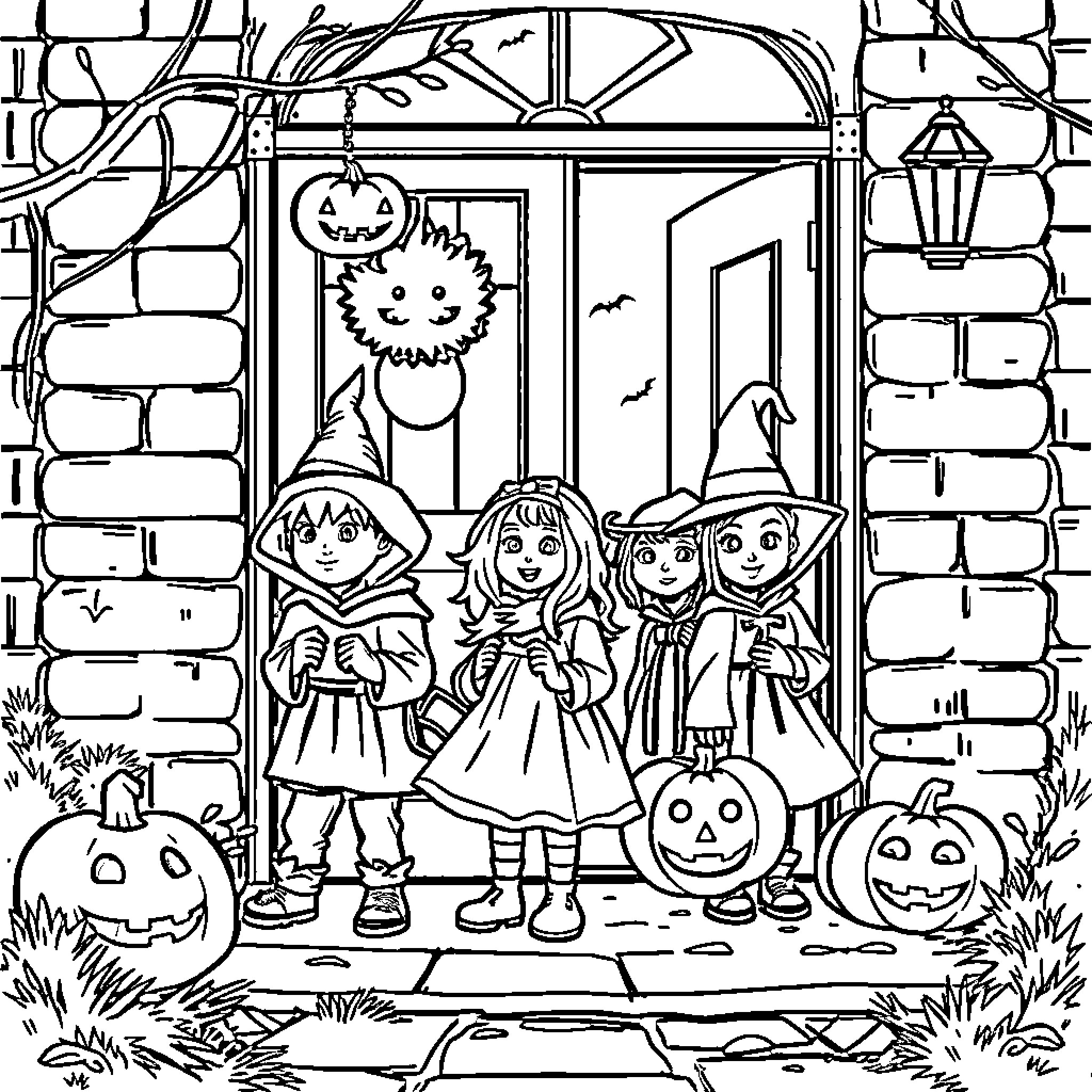 Kid Trick-or-Treating on Halloween Coloring Page (free black-and-white line drawing printable PDF for all, from beginners to advanced learners, including children, teens, adults, and seniors)