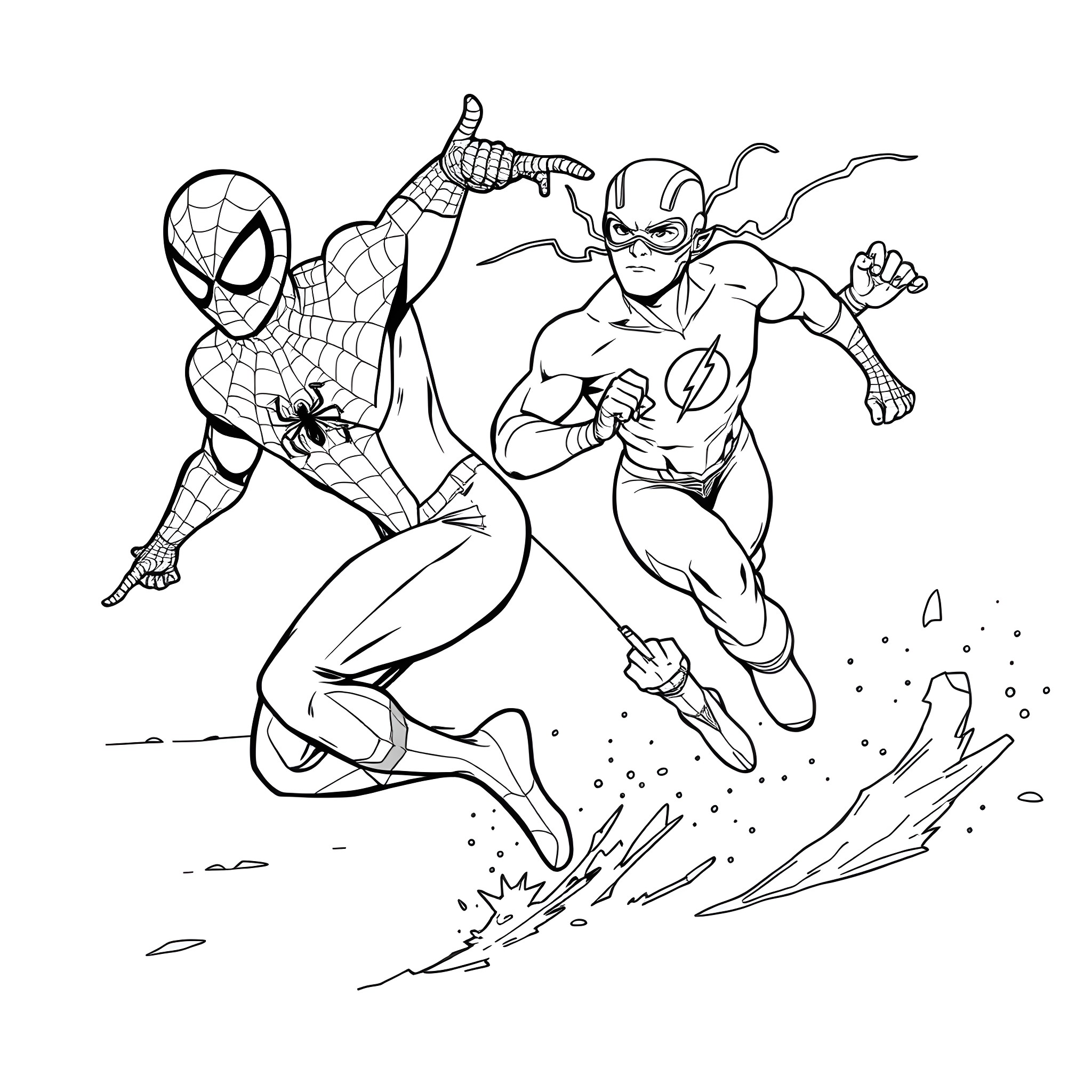 Spiderman and The Flash racing through the city Coloring Page (free black-and-white line drawing printable PDF for all, from beginners to advanced learners, including children, teens, adults, and seniors)