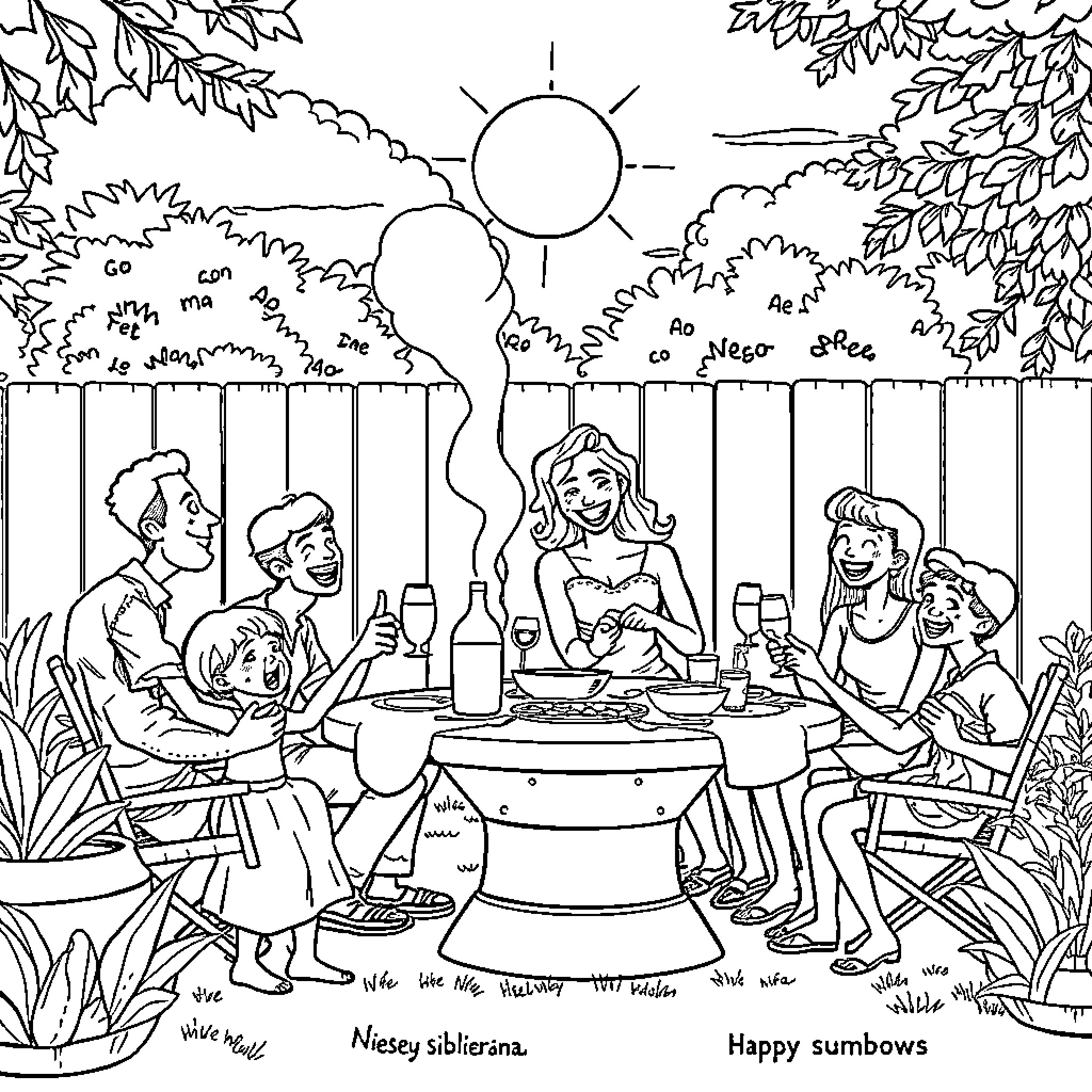 Couple Enjoying an Outdoor Gathering with Friends Coloring Page (free black-and-white line drawing printable PDF for all, from beginners to advanced learners, including children, teens, adults, and seniors)