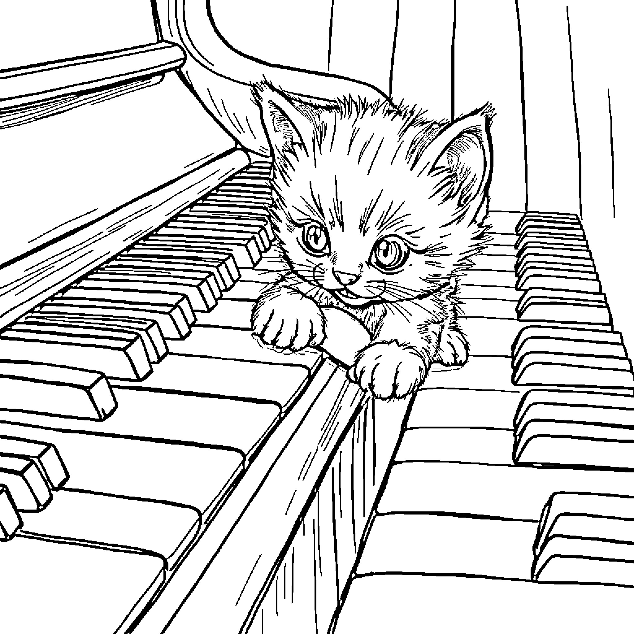 Kitten playing on piano keys Coloring Page (free black-and-white line drawing printable PDF for all, from beginners to advanced learners, including children, teens, adults, and seniors)