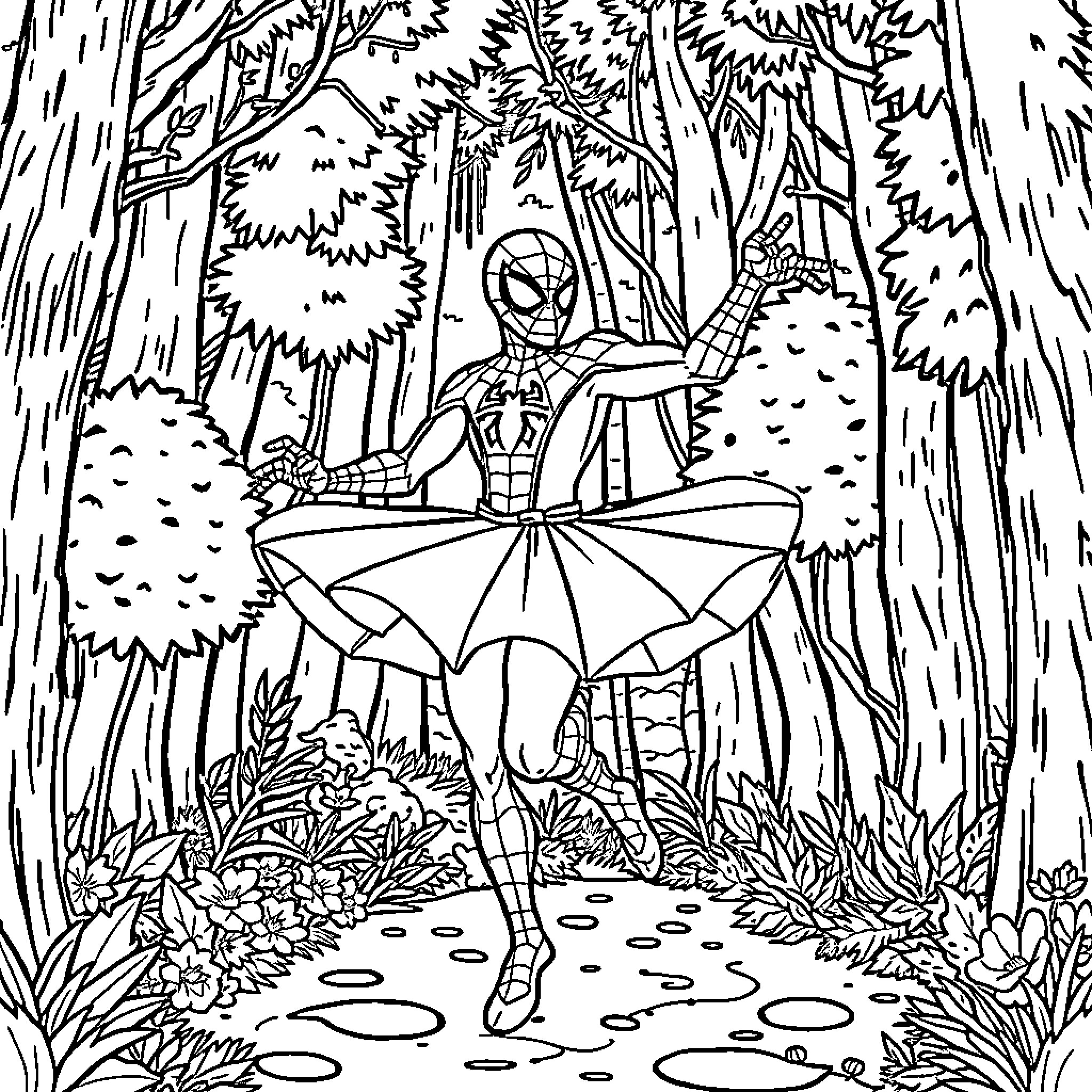 Spiderman in a Whimsical Forest Scene Coloring Page (free black-and-white line drawing printable PDF for all, from beginners to advanced learners, including children, teens, adults, and seniors)