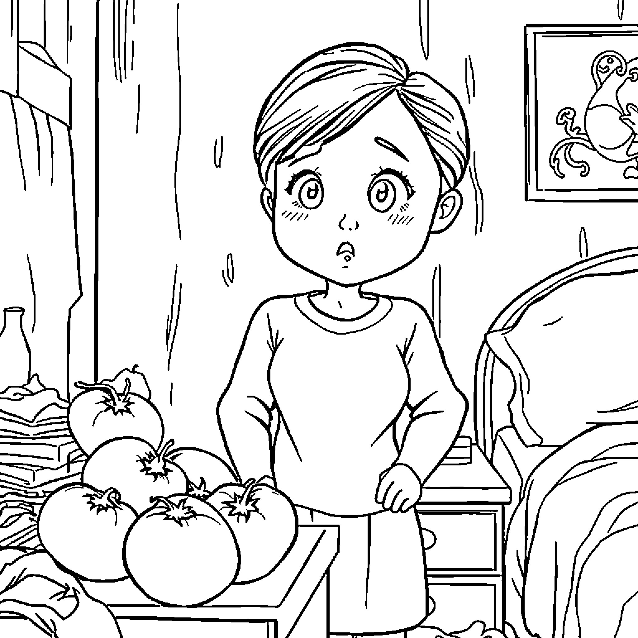 Mom showing surprise in the kitchen Coloring Page (free black-and-white line drawing printable PDF for all, from beginners to advanced learners, including children, teens, adults, and seniors)