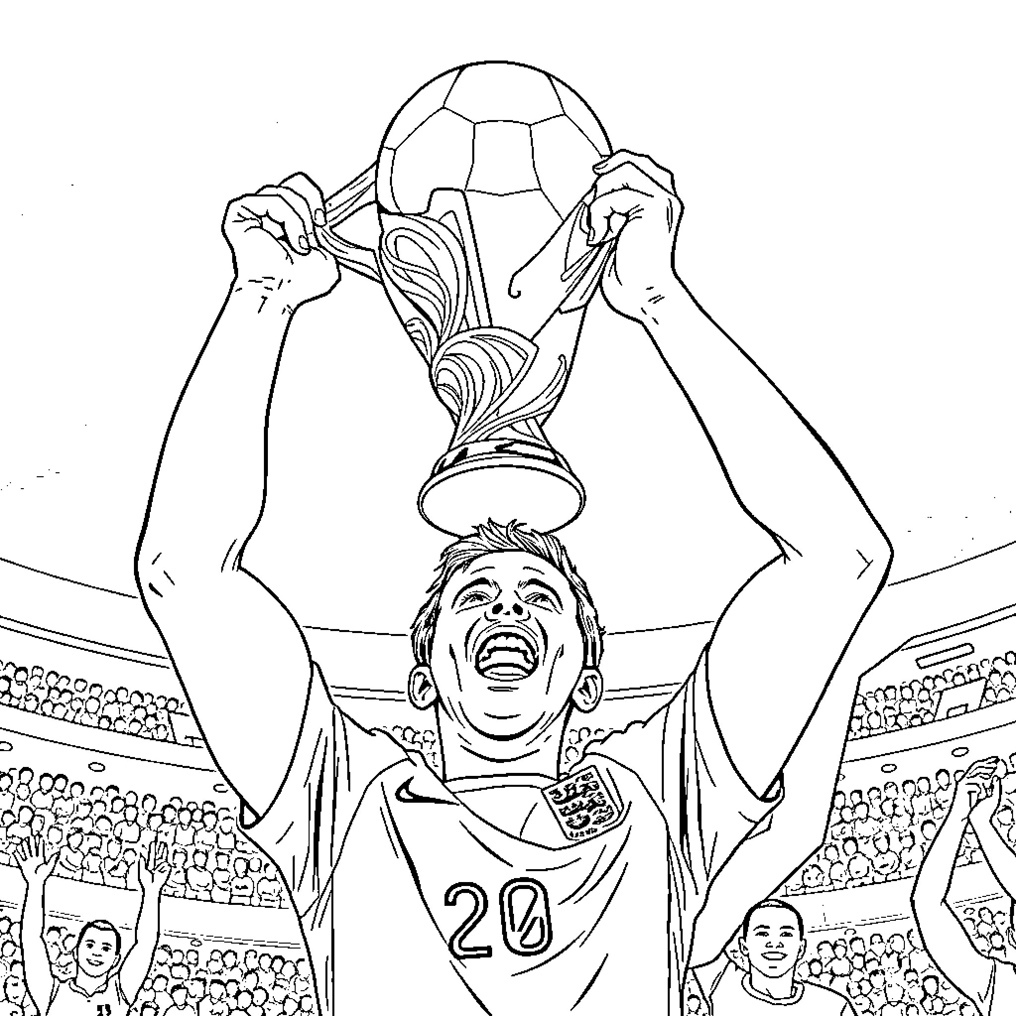 Ollie Watkins celebrating with trophy in stadium Coloring Page (free black-and-white line drawing printable PDF for all, from beginners to advanced learners, including children, teens, adults, and seniors)