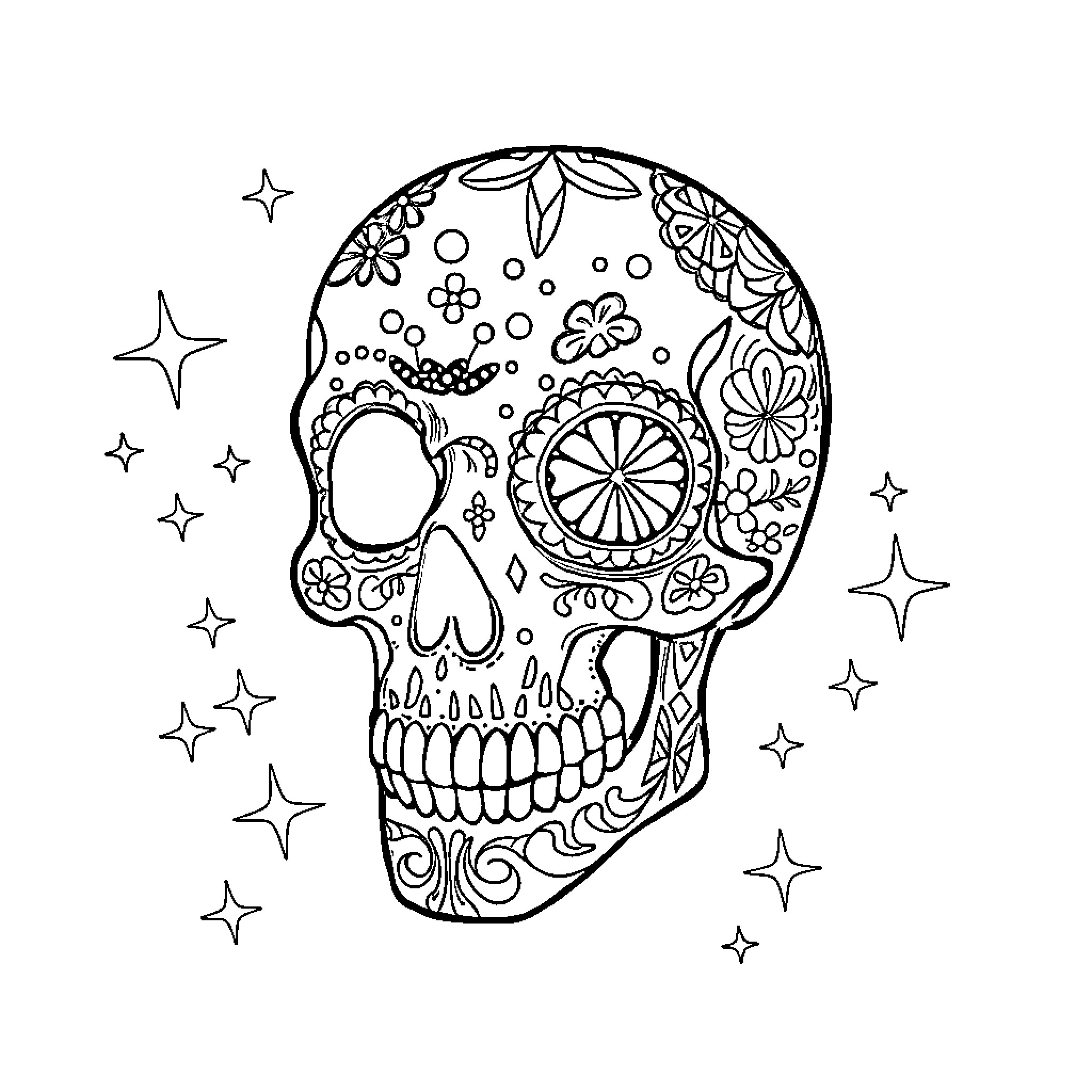 Skull Adorned with Intricate Floral Patterns Coloring Page (free black-and-white line drawing printable PDF for all, from beginners to advanced learners, including children, teens, adults, and seniors)
