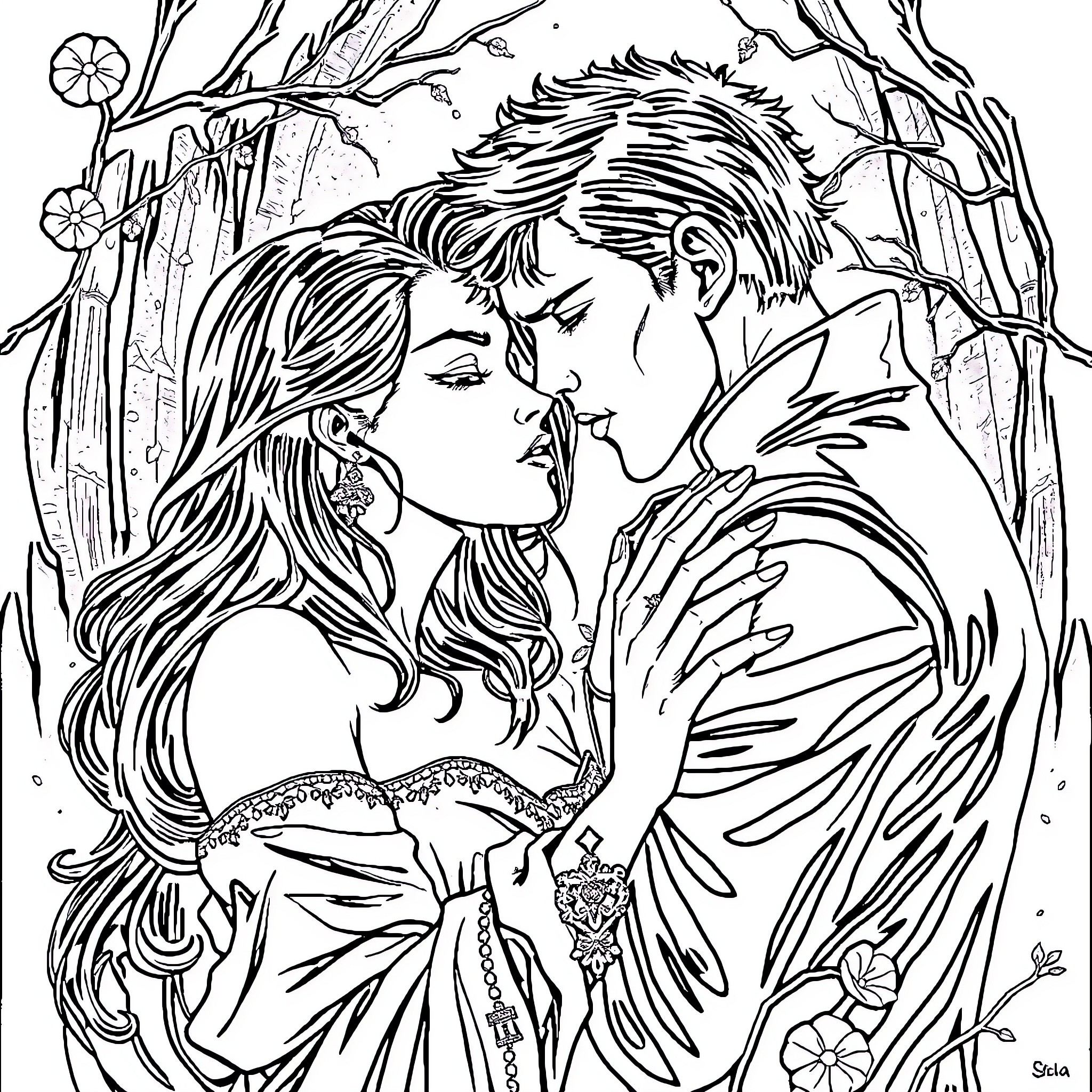 Romance in the Enchanted Forest Coloring Page (free black-and-white line drawing printable PDF for all, from beginners to advanced learners, including children, teens, adults, and seniors)