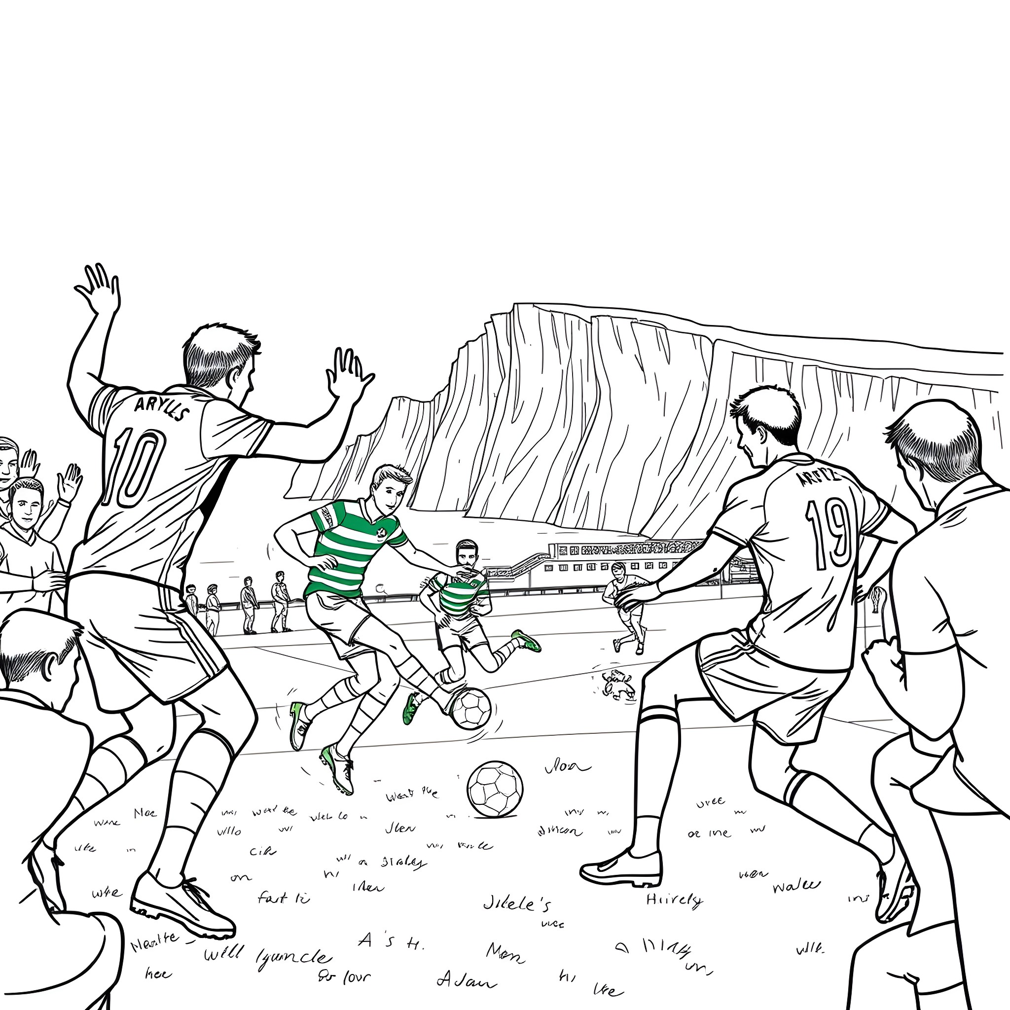 Football Club Players in an Intense Match Coloring Page (free black-and-white line drawing printable PDF for all, from beginners to advanced learners, including children, teens, adults, and seniors)