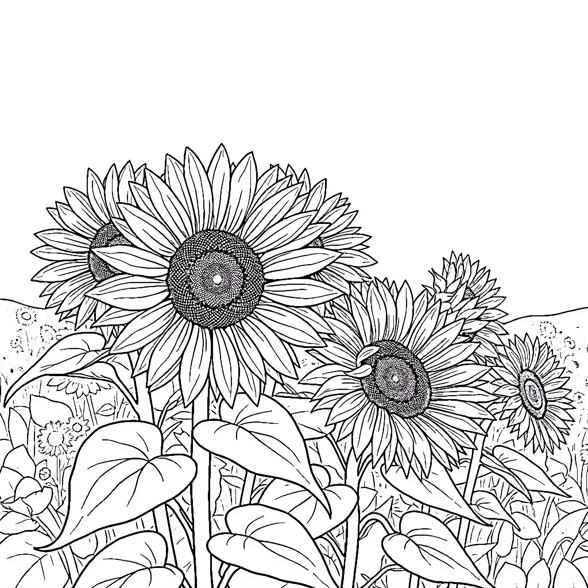 Sunflower field with detailed blooms Coloring Page (free black-and-white line drawing printable PDF for all, from beginners to advanced learners, including children, teens, adults, and seniors)