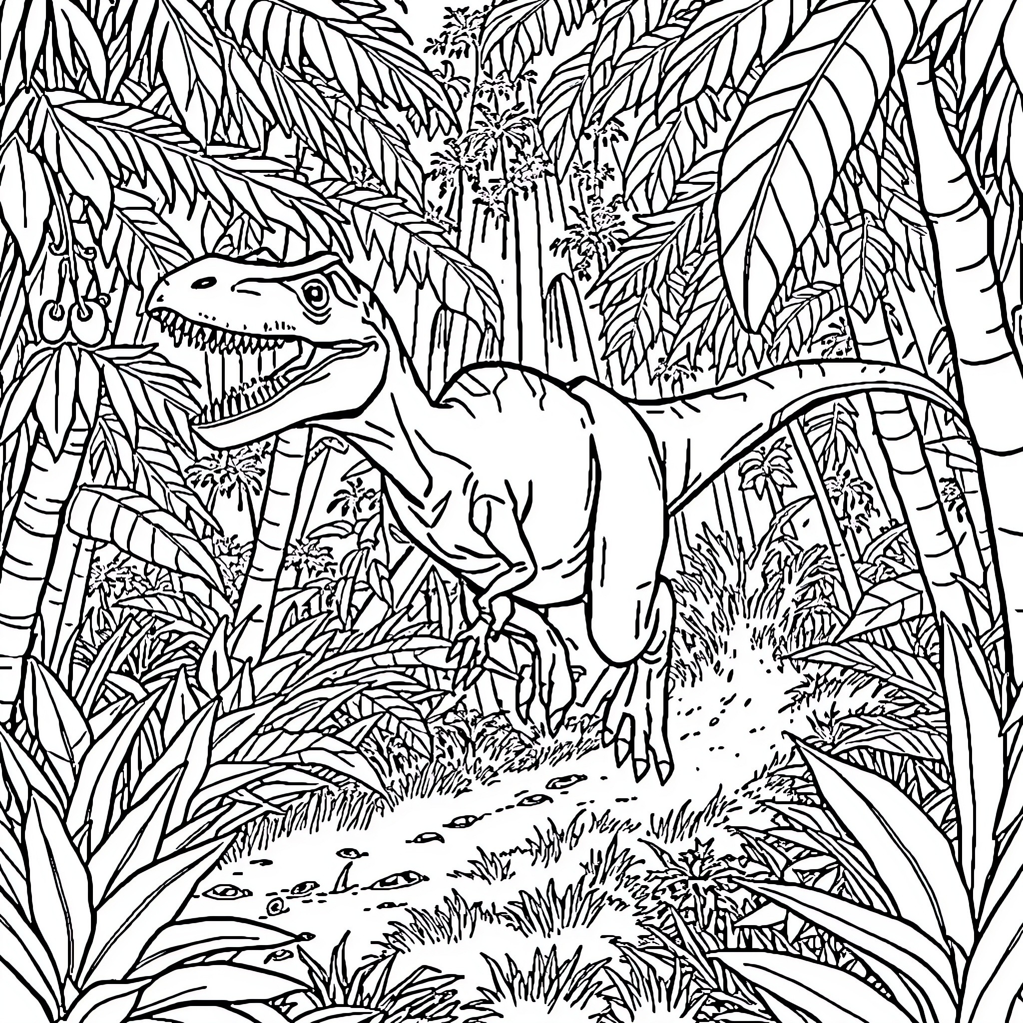 Velociraptor prowling through the dense jungle foliage Coloring Page (free black-and-white line drawing printable PDF for all, from beginners to advanced learners, including children, teens, adults, and seniors)