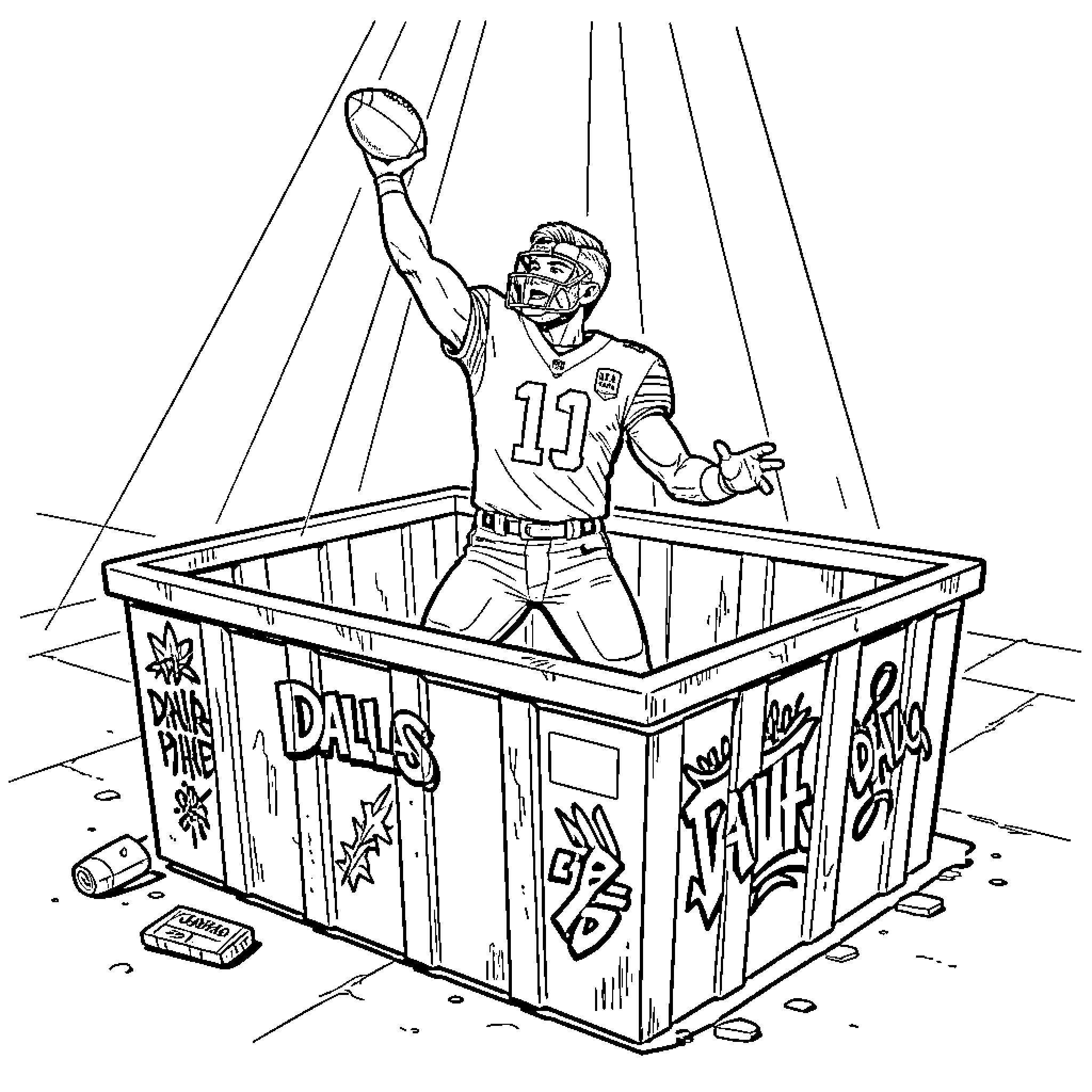 Dak Prescott celebrating touchdown in the stadium Coloring Page (free black-and-white line drawing printable PDF for all, from beginners to advanced learners, including children, teens, adults, and seniors)