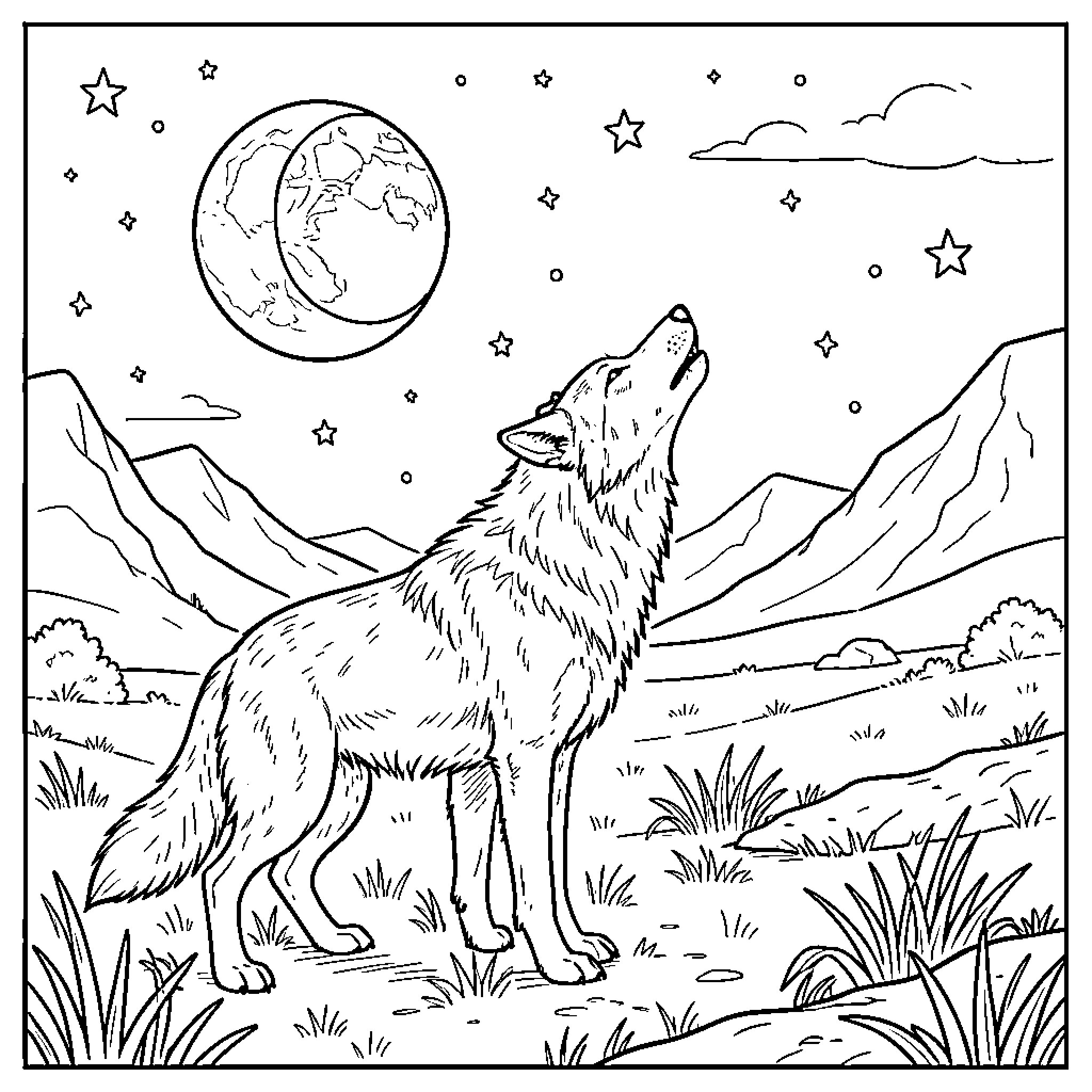 Wolf howling towards the moon and stars Coloring Page (free black-and-white line drawing printable PDF for all, from beginners to advanced learners, including children, teens, adults, and seniors)