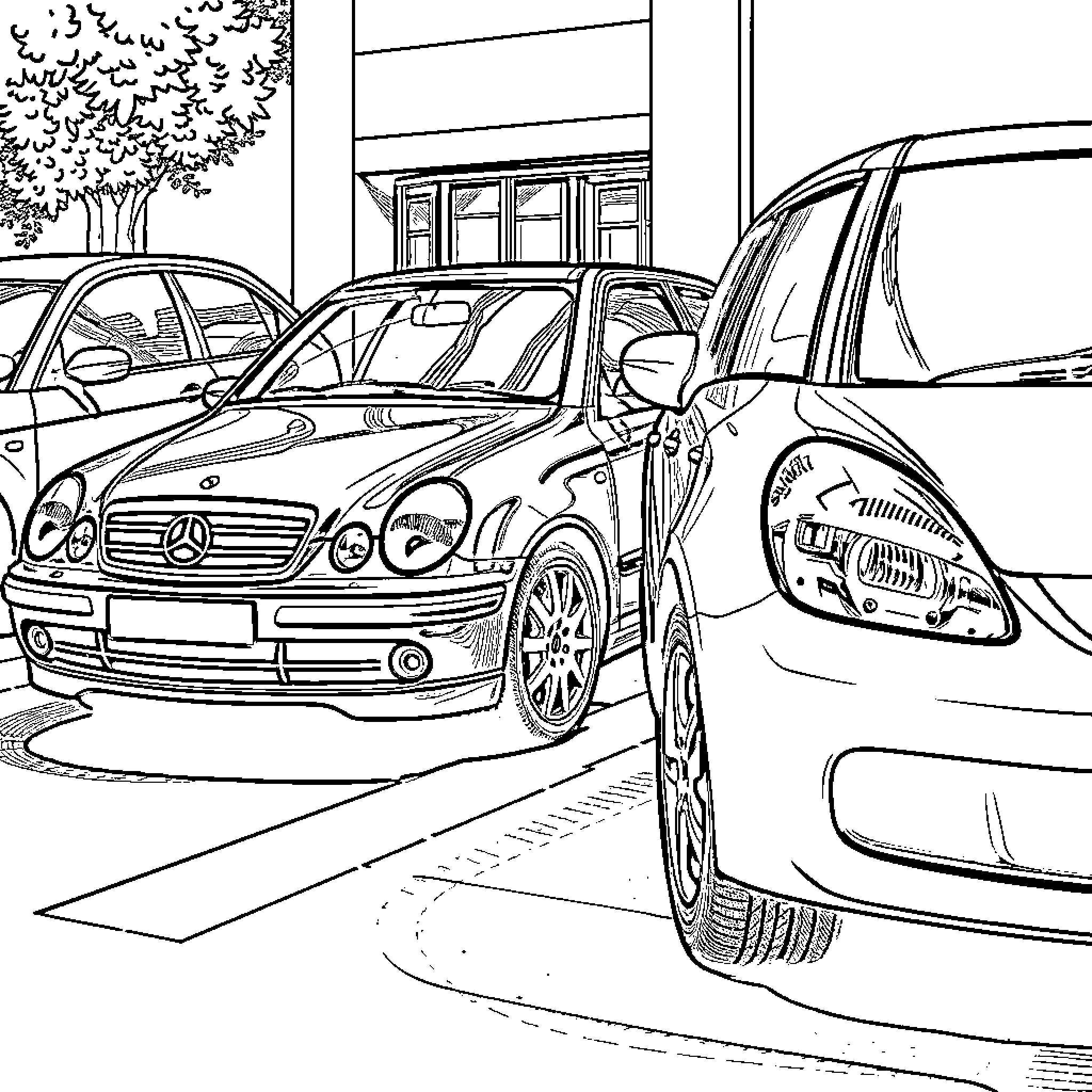 Car parked on the street in front of building Coloring Page (free black-and-white line drawing printable PDF for all, from beginners to advanced learners, including children, teens, adults, and seniors)