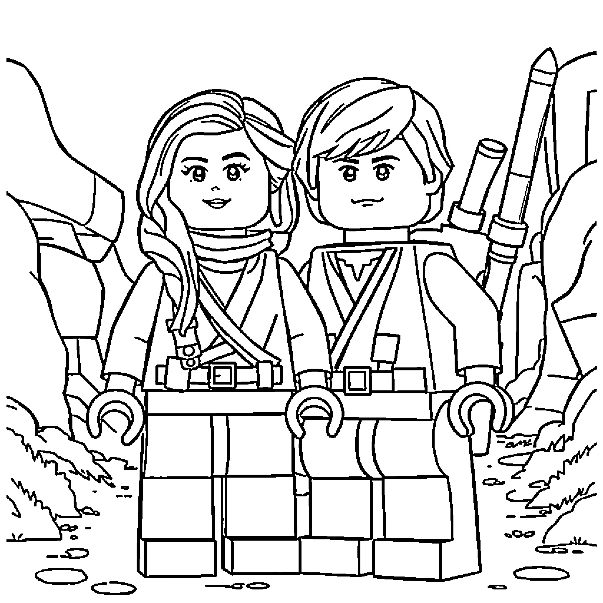 Lego characters in heroic poses Coloring Page (free black-and-white line drawing printable PDF for all, from beginners to advanced learners, including children, teens, adults, and seniors)