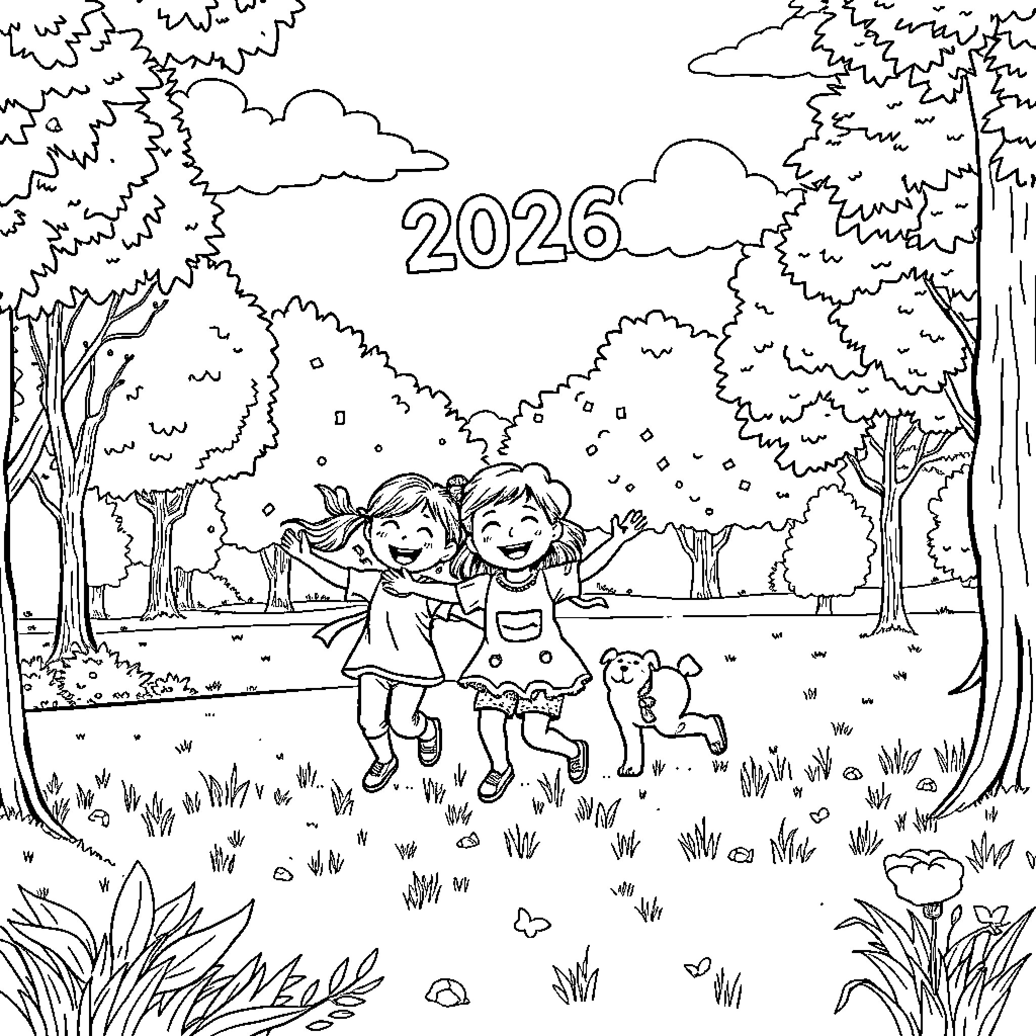 Children playing happily in a natural setting Coloring Page (free black-and-white line drawing printable PDF for all, from beginners to advanced learners, including children, teens, adults, and seniors)