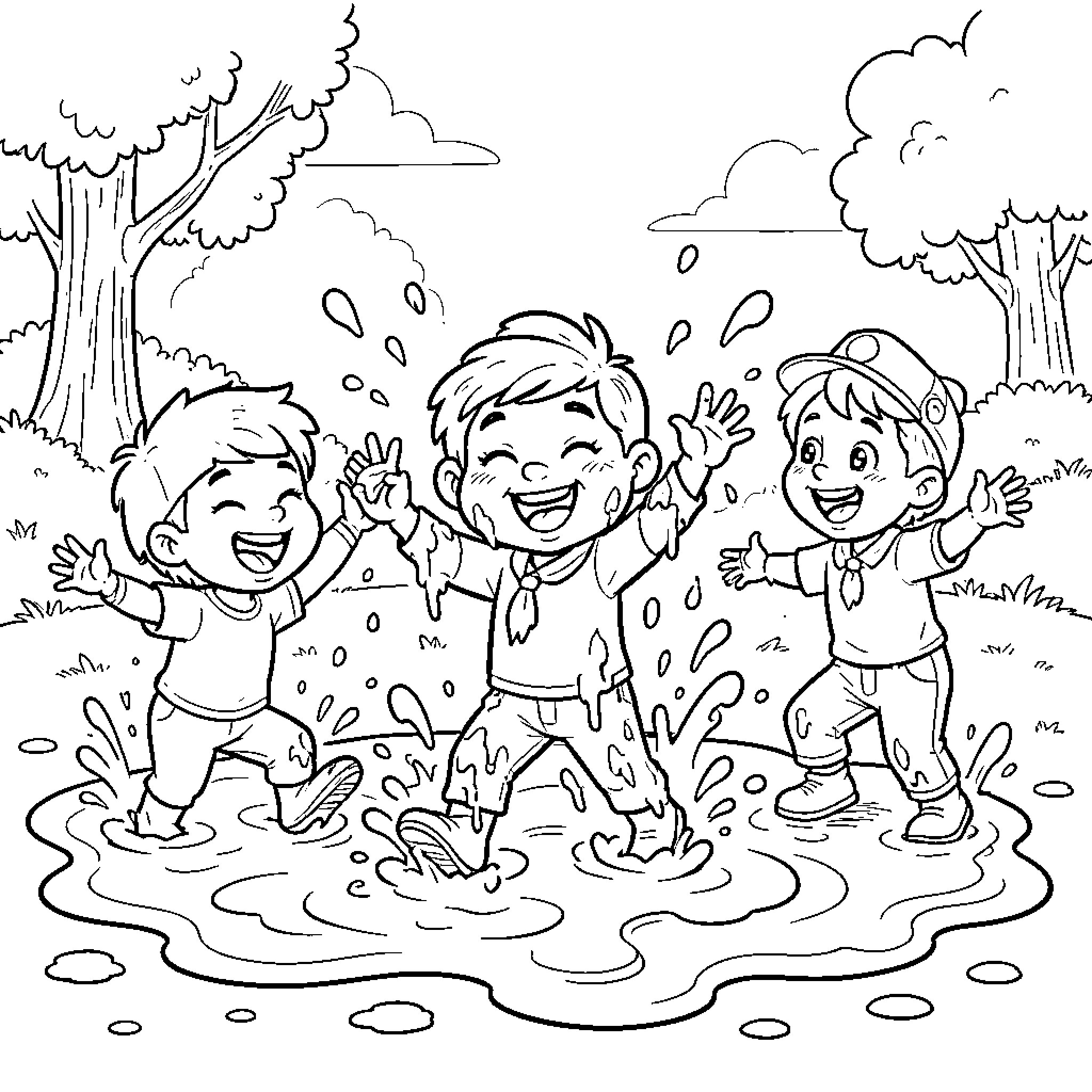 Paw Patrol characters jumping joyfully in a mud puddle Coloring Page (free black-and-white line drawing printable PDF for all, from beginners to advanced learners, including children, teens, adults, and seniors)