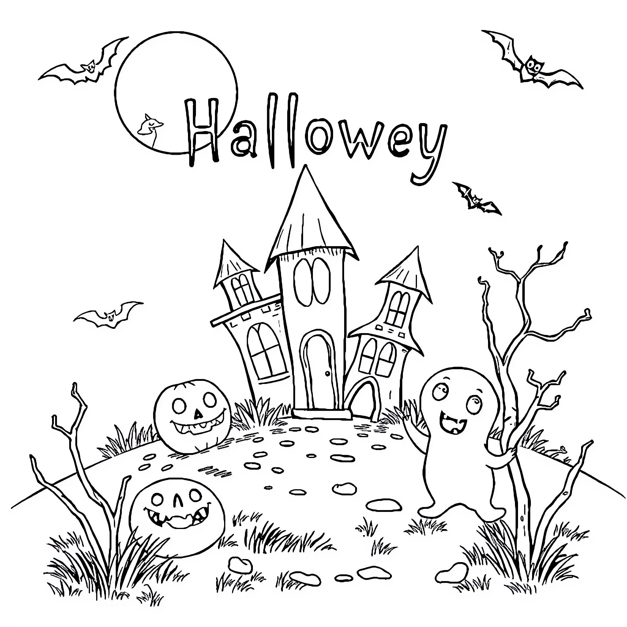 Book of Halloween characters and haunted house Coloring Page (free black-and-white line drawing printable PDF for all, from beginners to advanced learners, including children, teens, adults, and seniors)