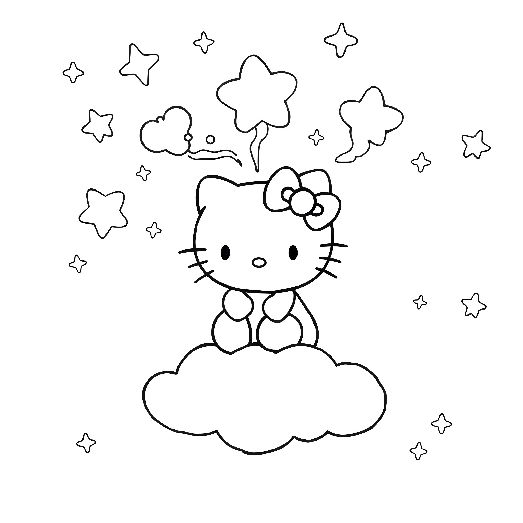 Hello Kitty sitting on a cloud with stars Coloring Page (free black-and-white line drawing printable PDF for all, from beginners to advanced learners, including children, teens, adults, and seniors)
