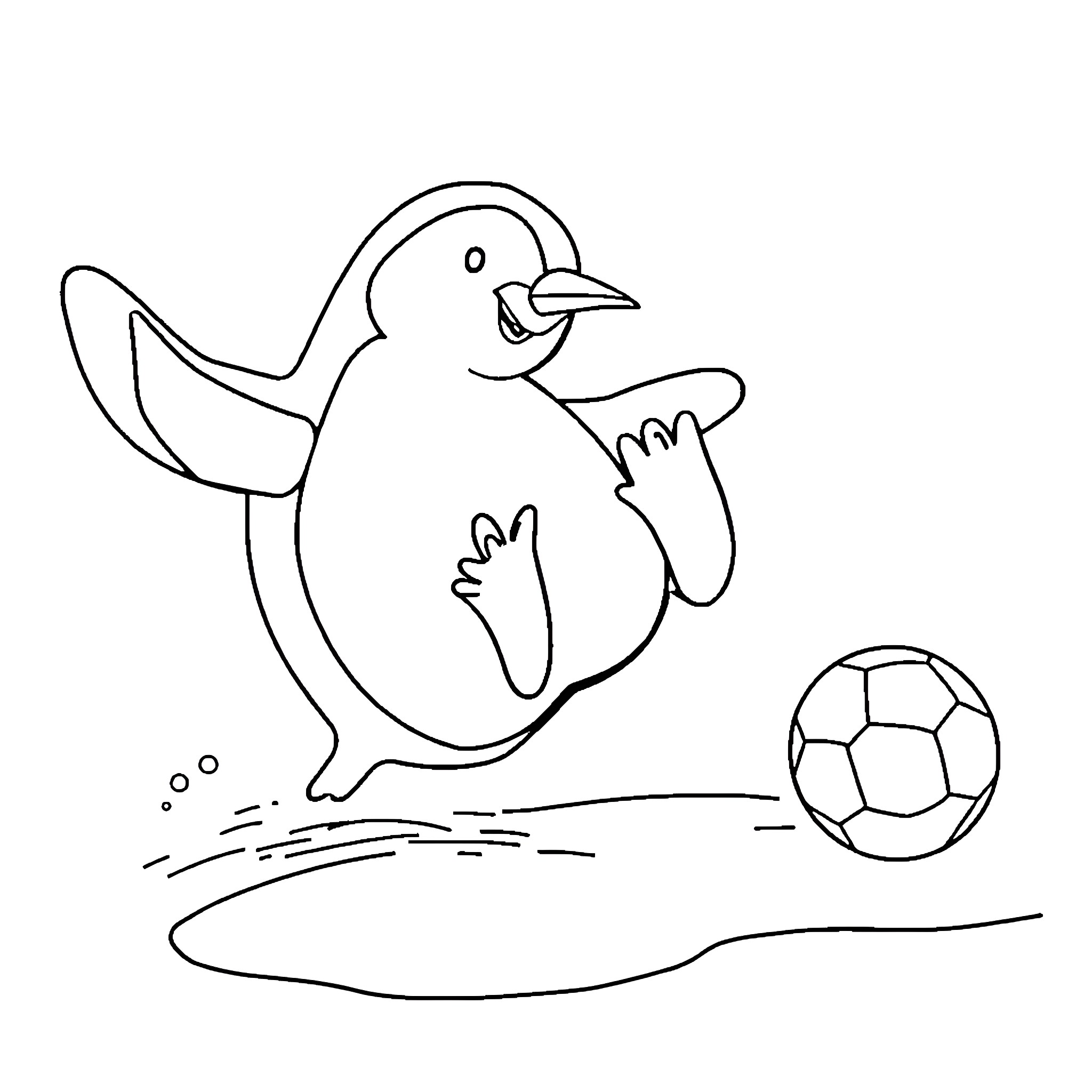 Penguin playing with soccer ball happily Coloring Page (free black-and-white line drawing printable PDF for all, from beginners to advanced learners, including children, teens, adults, and seniors)