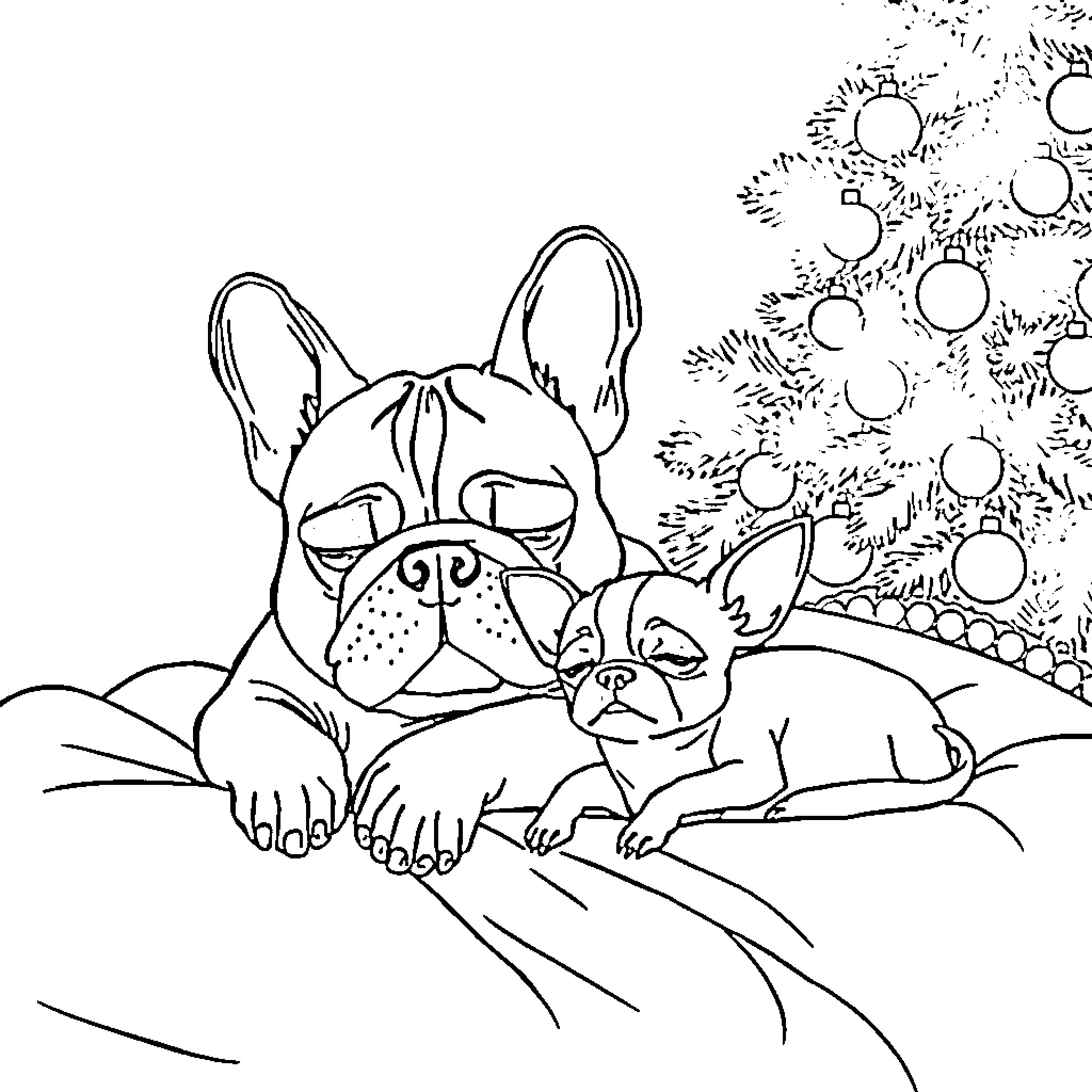 Dog and puppy relaxing outdoors Coloring Page (free black-and-white line drawing printable PDF for all, from beginners to advanced learners, including children, teens, adults, and seniors)