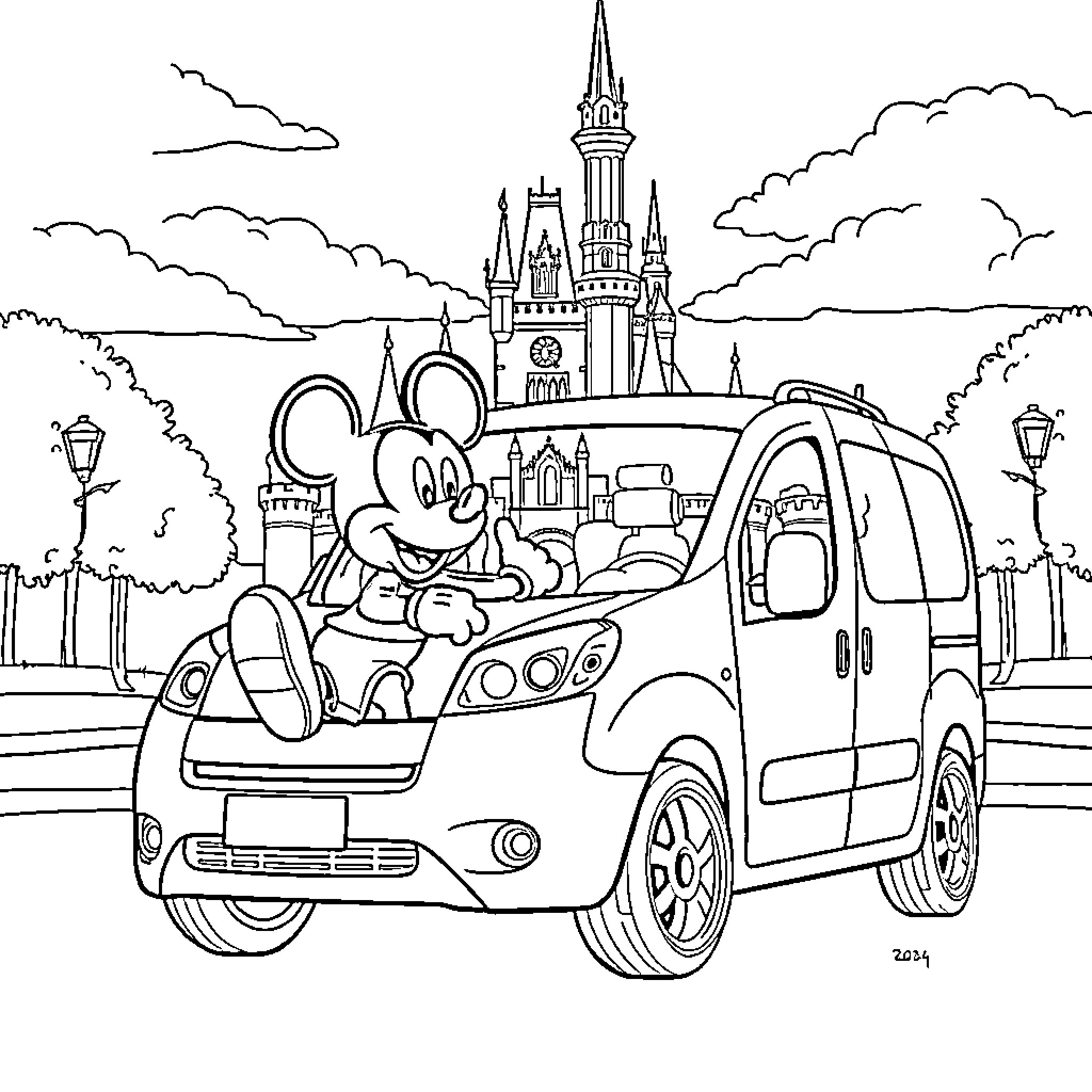 Citroen car with Mickey Mouse in a Disney-themed landscape Coloring Page (free black-and-white line drawing printable PDF for all, from beginners to advanced learners, including children, teens, adults, and seniors)