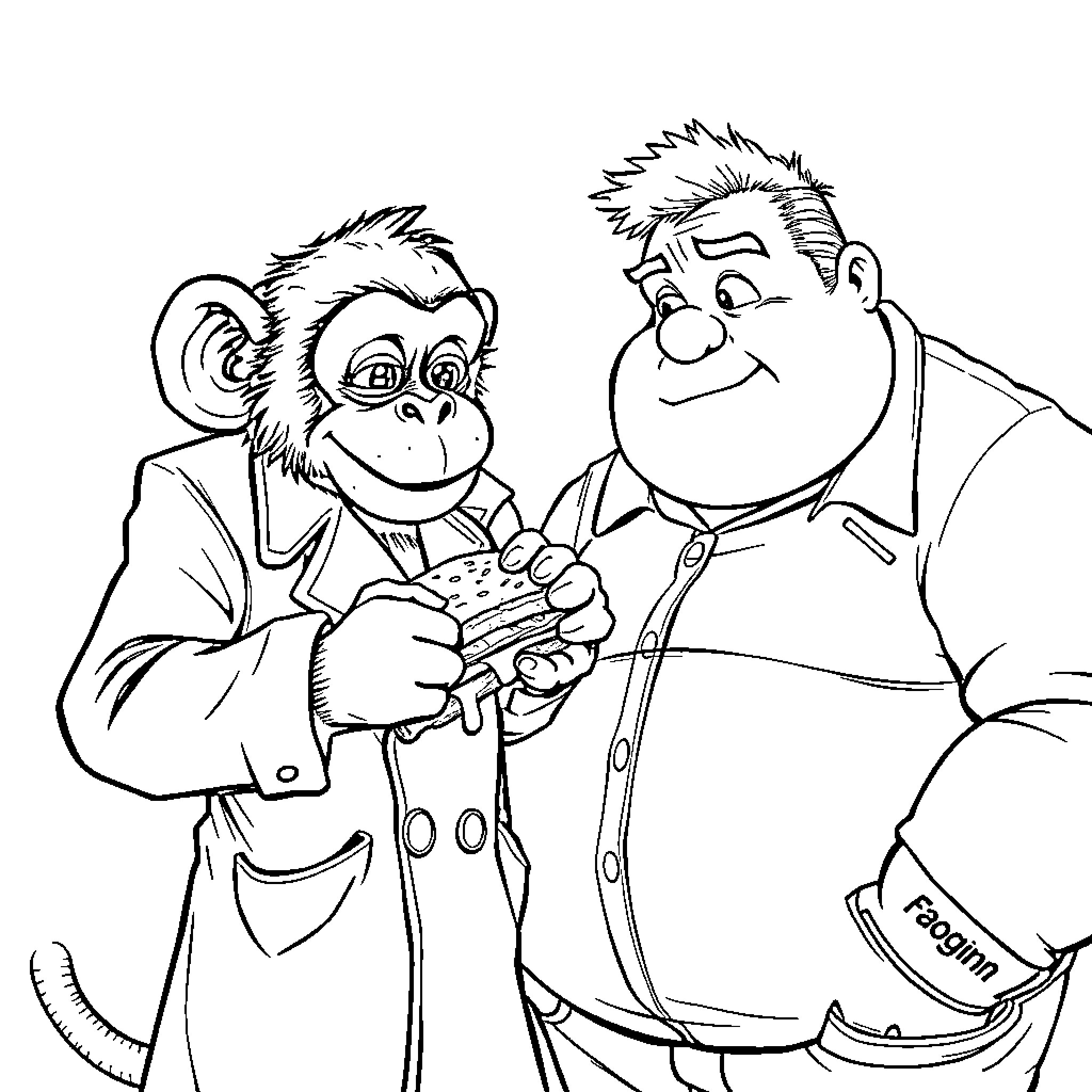 Monkey friends in suits chatting happily Coloring Page (free black-and-white line drawing printable PDF for all, from beginners to advanced learners, including children, teens, adults, and seniors)