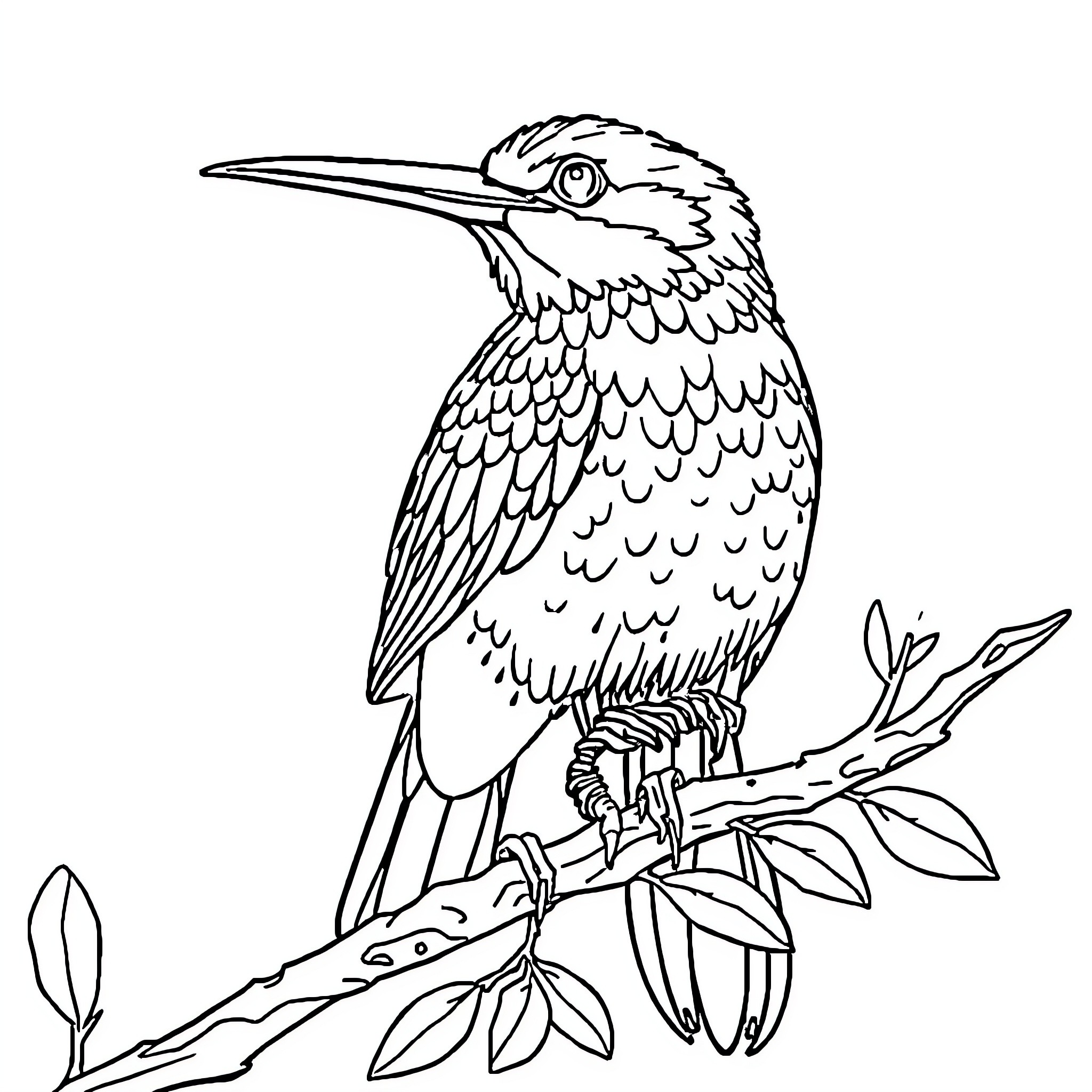 Bird perched on tree branch Coloring Page (free black-and-white line drawing printable PDF for all, from beginners to advanced learners, including children, teens, adults, and seniors)