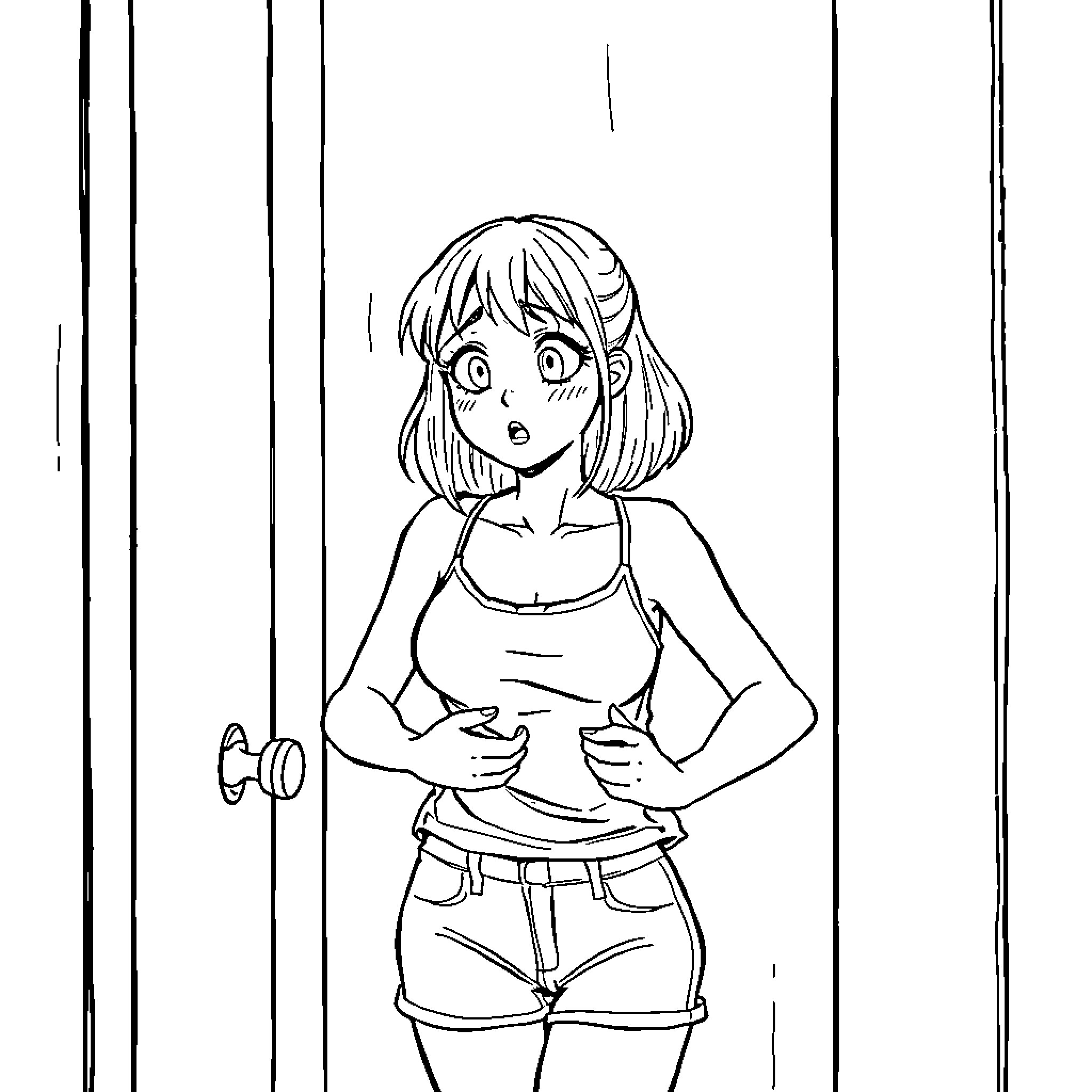 Girl in casual attire expressing surprise Coloring Page (free black-and-white line drawing printable PDF for all, from beginners to advanced learners, including children, teens, adults, and seniors)