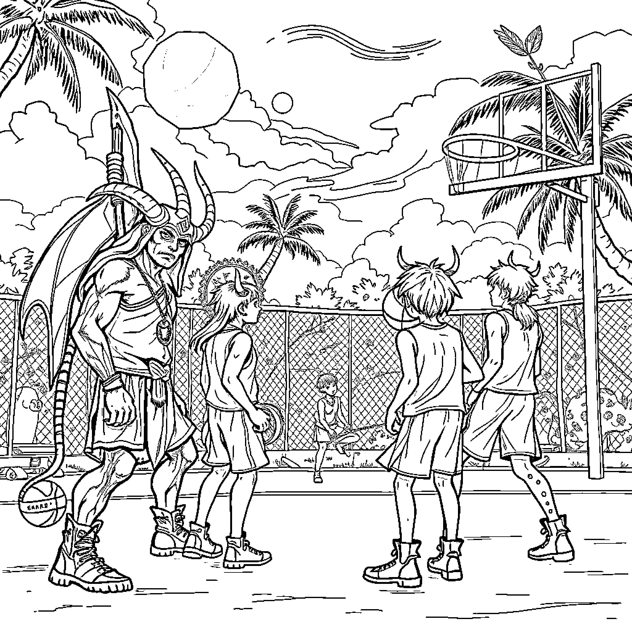 Demon Hunters Confront Monstrous Foe in Tropical Paradise Coloring Page (free black-and-white line drawing printable PDF for all, from beginners to advanced learners, including children, teens, adults, and seniors)