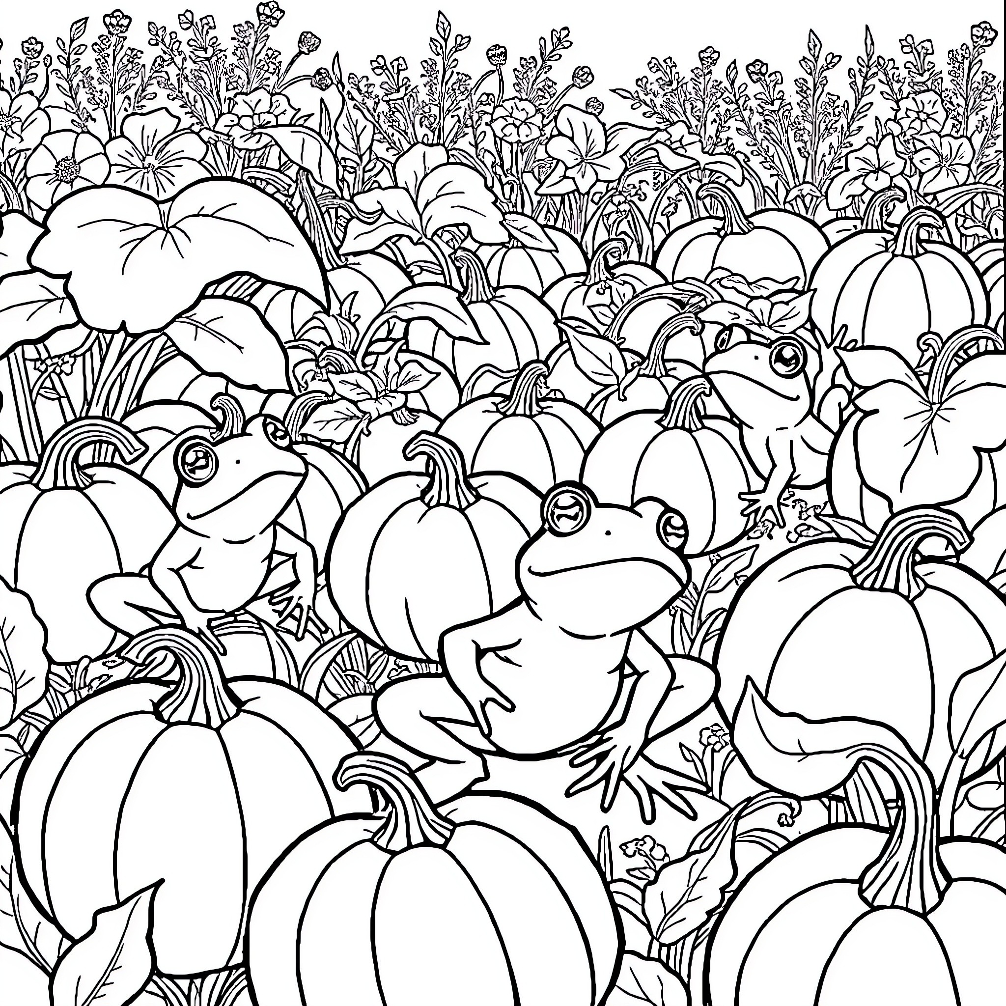 Frogs hiding among the pumpkins and flowers Coloring Page (free black-and-white line drawing printable PDF for all, from beginners to advanced learners, including children, teens, adults, and seniors)