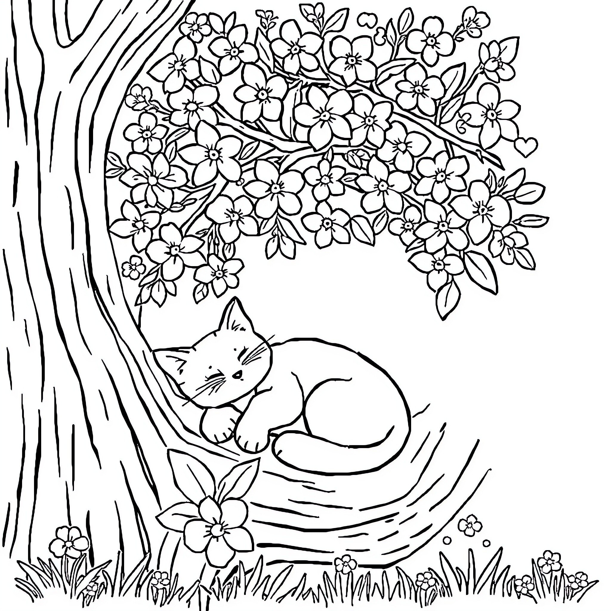 Cat napping peacefully under blooming tree Coloring Page (free black-and-white line drawing printable PDF for all, from beginners to advanced learners, including children, teens, adults, and seniors)