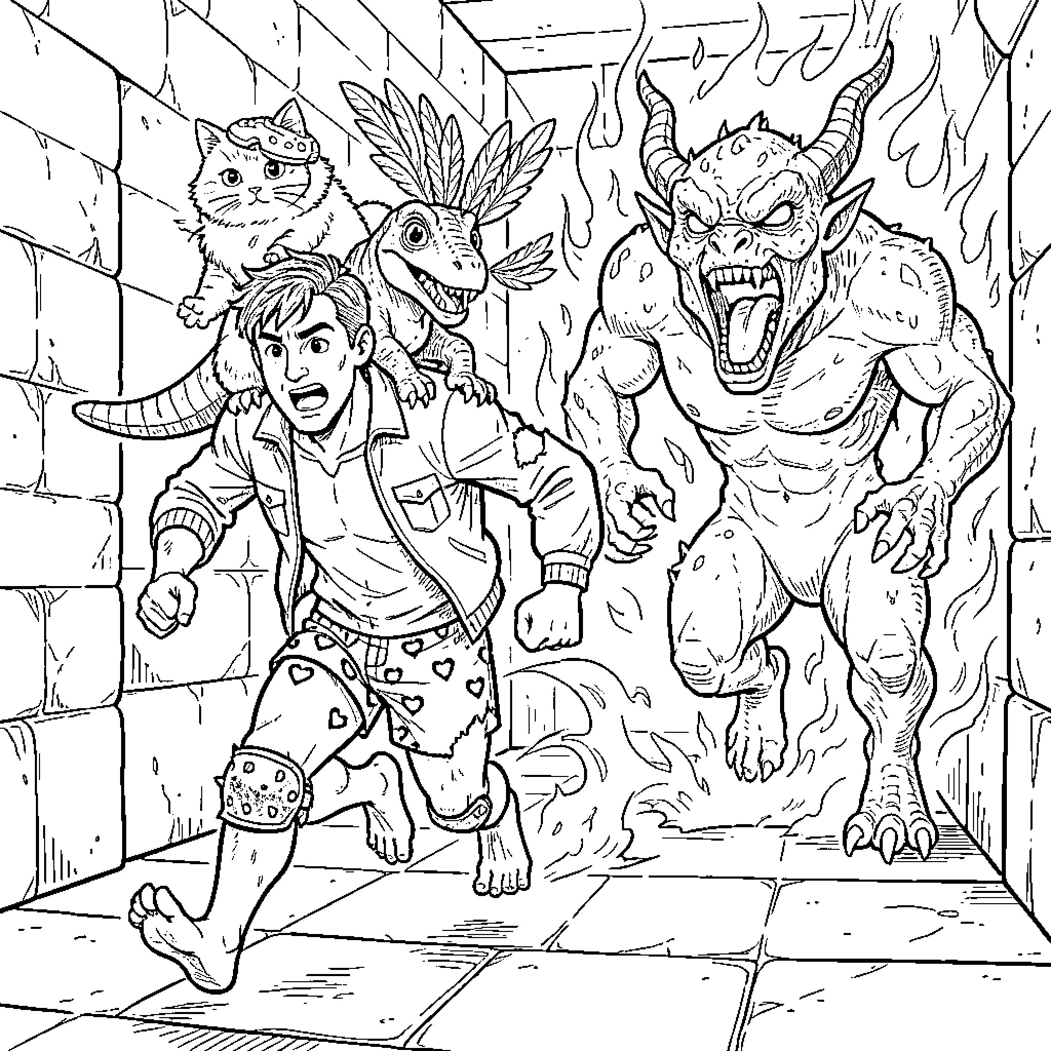 Dungeon Crawler Carl Confronts Fearsome Foes in Perilous Passage Coloring Page (free black-and-white line drawing printable PDF for all, from beginners to advanced learners, including children, teens, adults, and seniors)