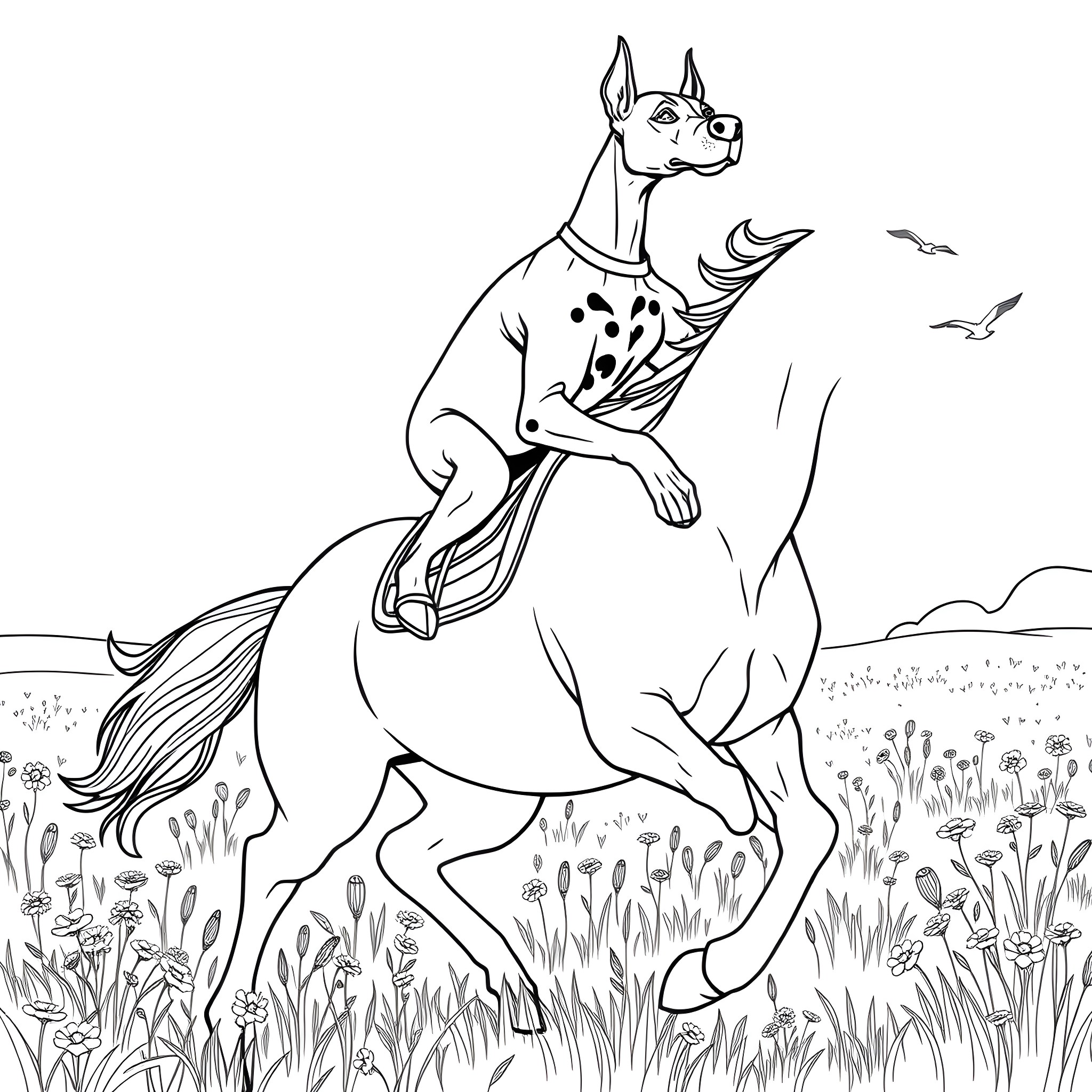 Doberman riding a majestic horse through a lush meadow Coloring Page (free black-and-white line drawing printable PDF for all, from beginners to advanced learners, including children, teens, adults, and seniors)