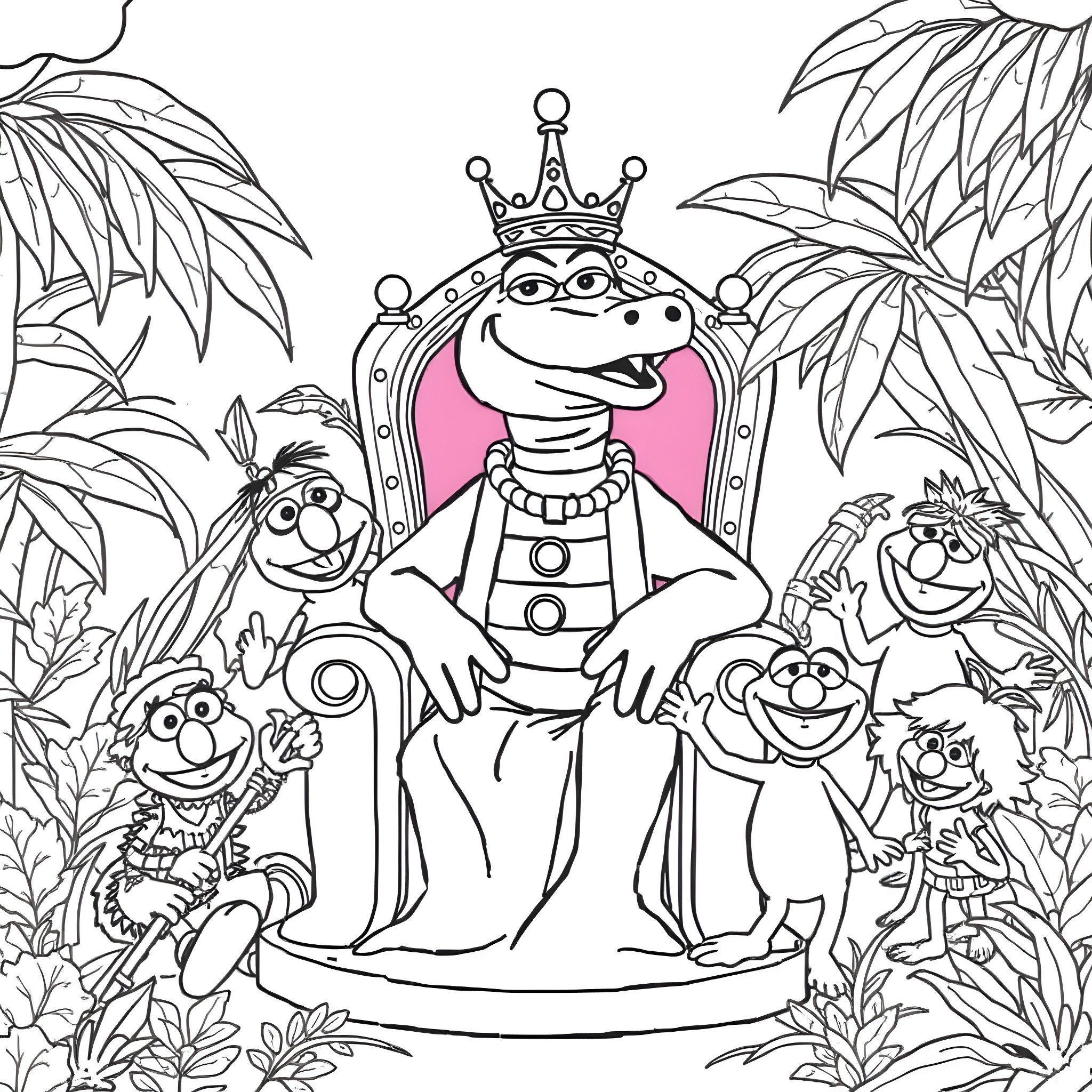 Alligator king ruling over his animated companions Coloring Page (free black-and-white line drawing printable PDF for all, from beginners to advanced learners, including children, teens, adults, and seniors)