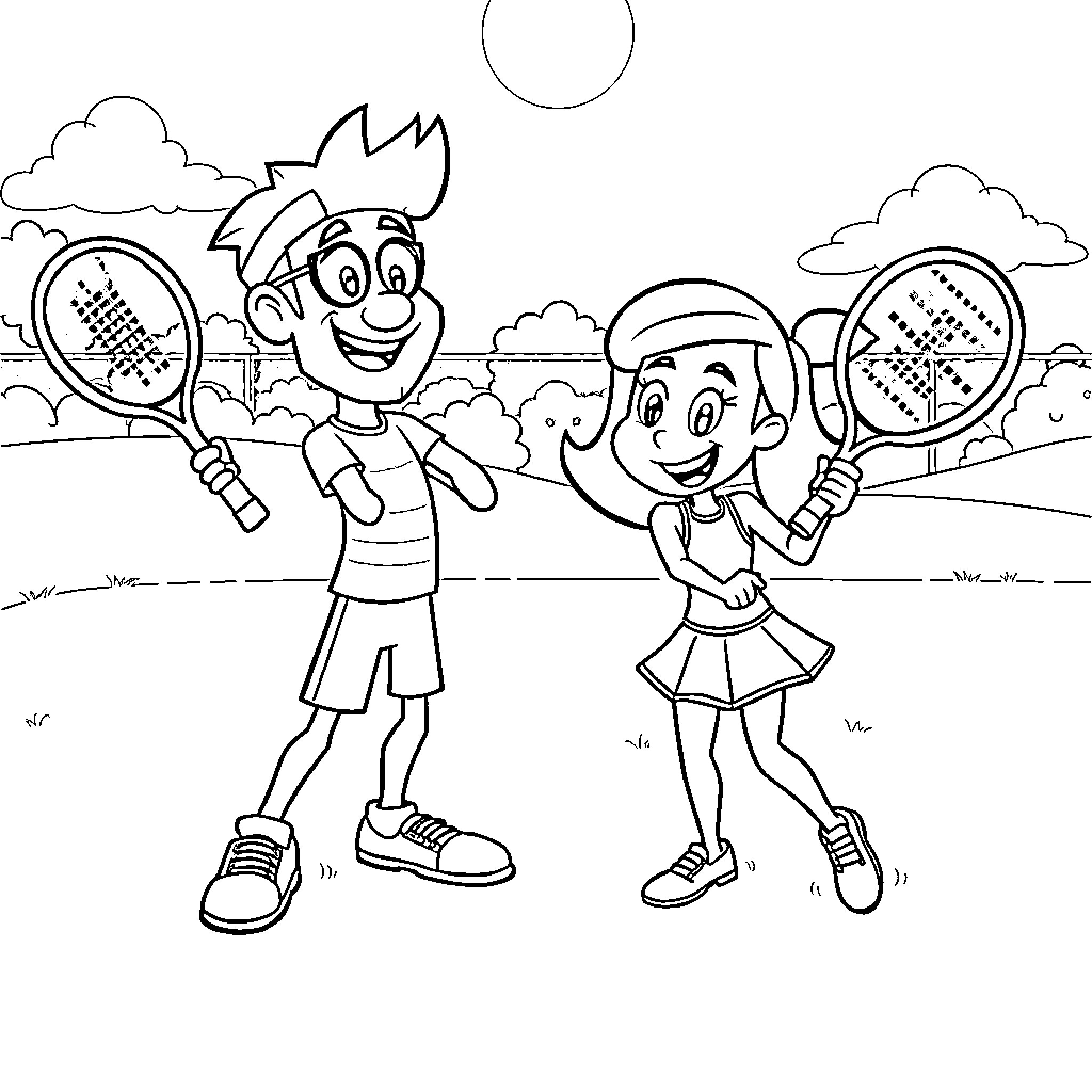 Sportacus and Friend Playing Tennis Together Coloring Page (free black-and-white line drawing printable PDF for all, from beginners to advanced learners, including children, teens, adults, and seniors)