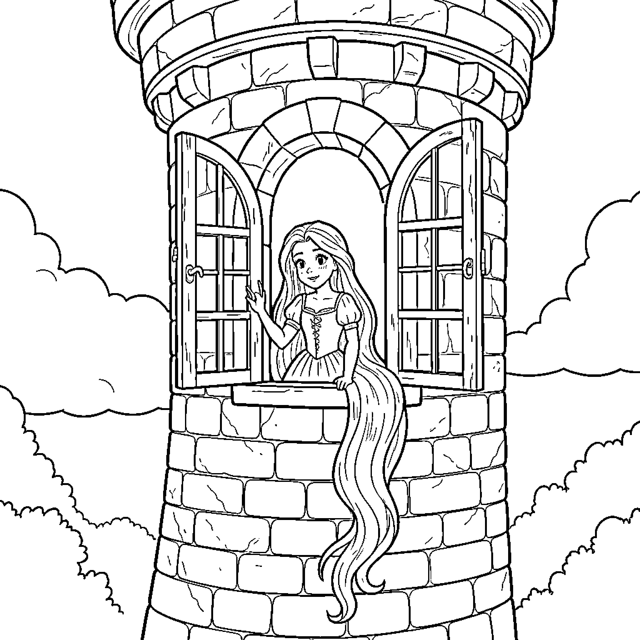 Rapunzel looking out from a stone tower window Coloring Page (free black-and-white line drawing printable PDF for all, from beginners to advanced learners, including children, teens, adults, and seniors)