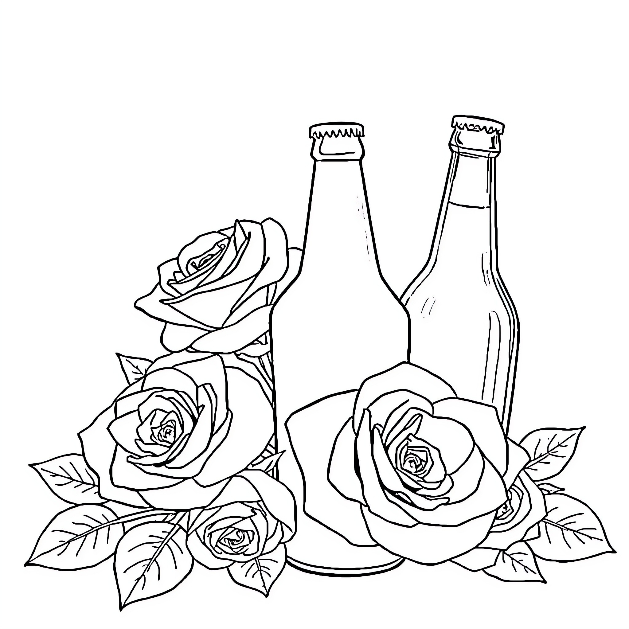 Rose Bouquet and Bottled Drink Coloring Page (free black-and-white line drawing printable PDF for all, from beginners to advanced learners, including children, teens, adults, and seniors)
