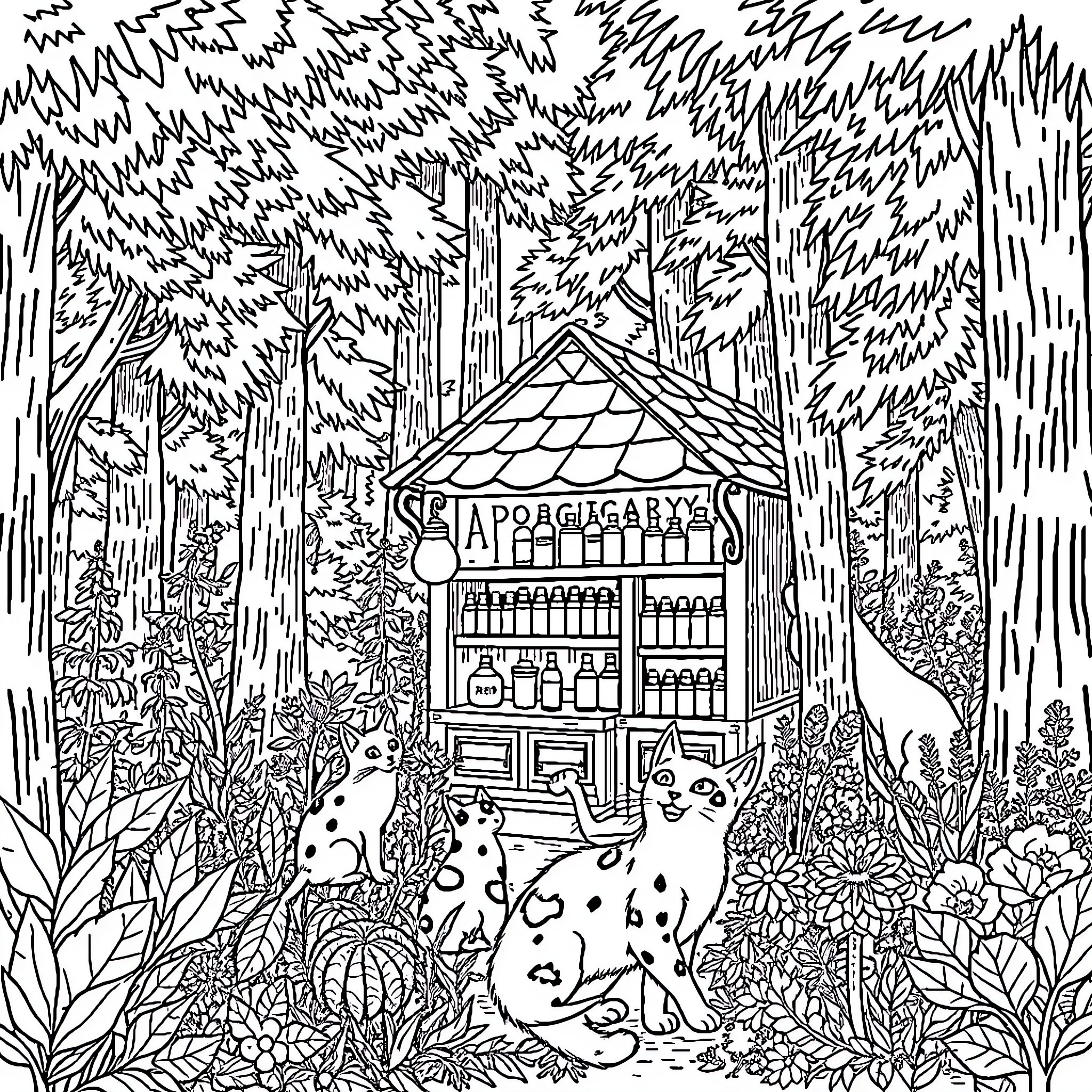 Cats in a Whimsical Forest Setting Coloring Page (free black-and-white line drawing printable PDF for all, from beginners to advanced learners, including children, teens, adults, and seniors)