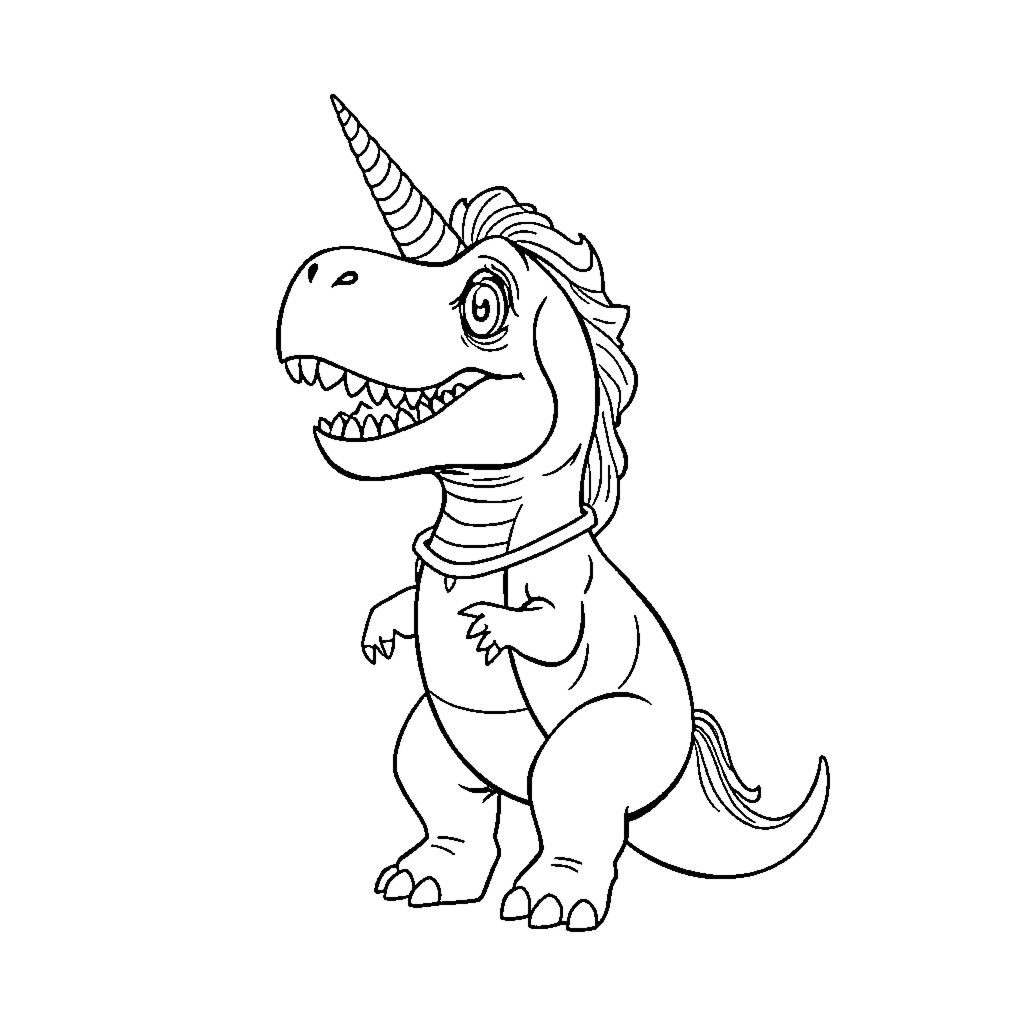 T-Rex Unicorn Cartoon Character Coloring Page (free black-and-white line drawing printable PDF for all, from beginners to advanced learners, including children, teens, adults, and seniors)