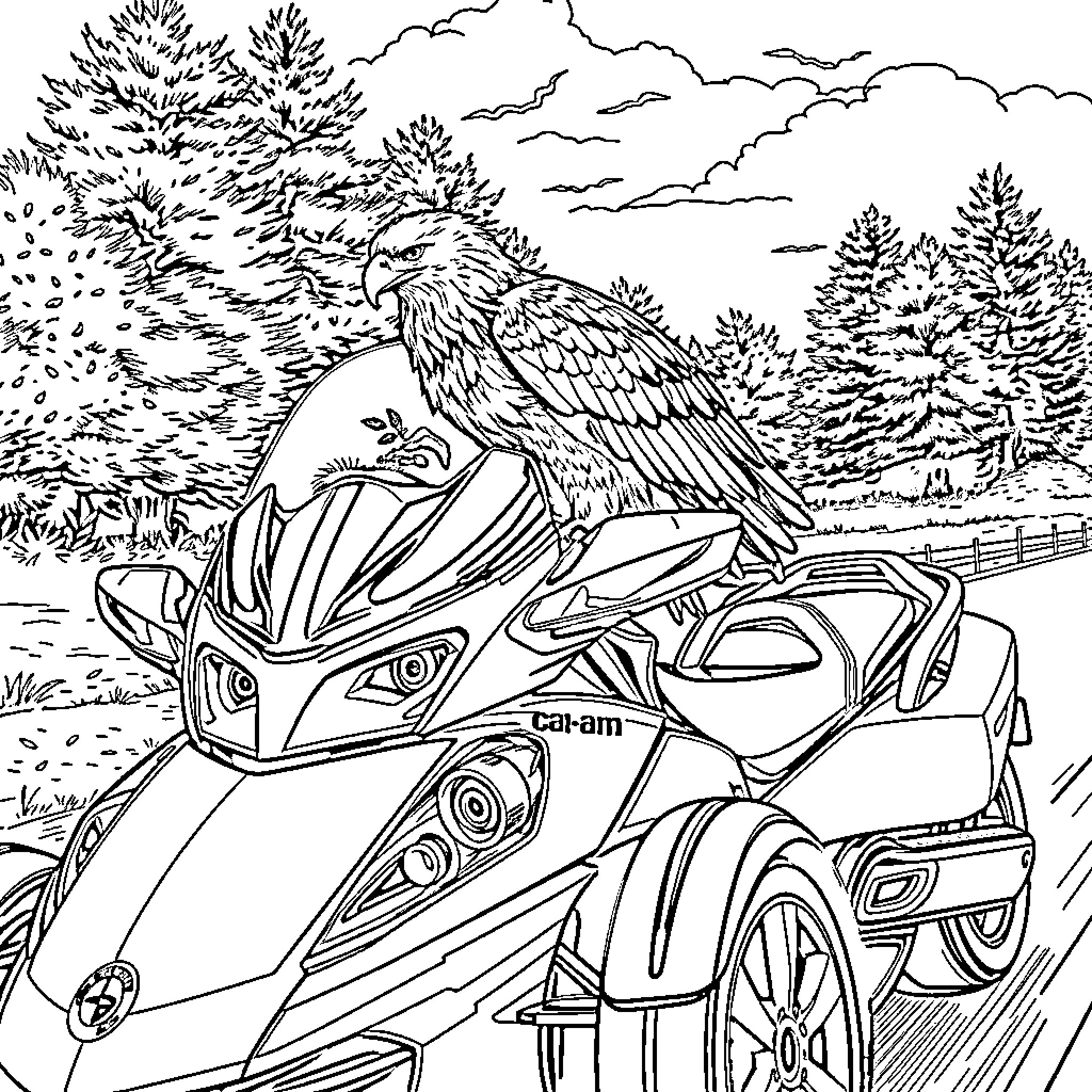 Bald Eagle perched on futuristic vehicle in snowy forest Coloring Page (free black-and-white line drawing printable PDF for all, from beginners to advanced learners, including children, teens, adults, and seniors)