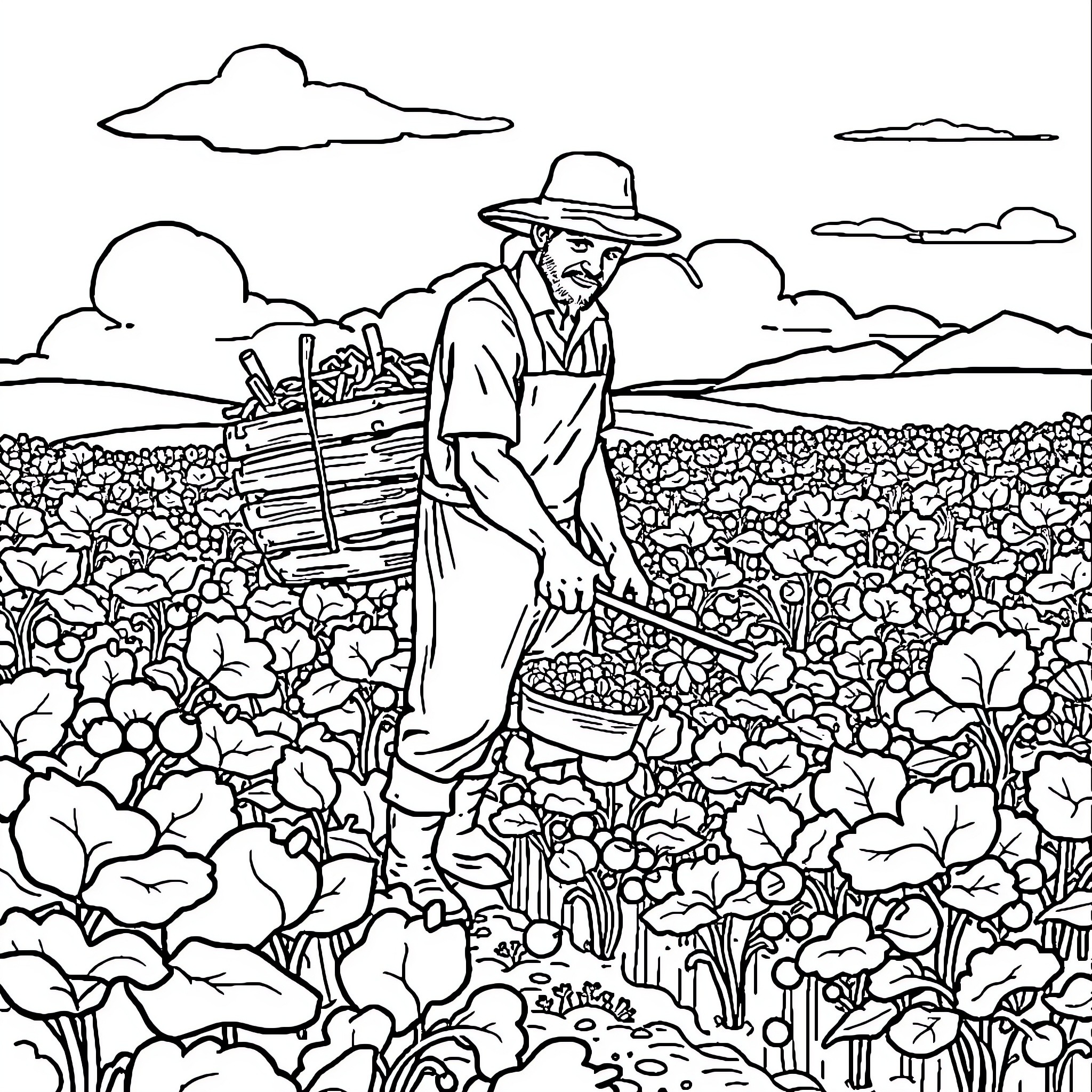 Homme working in a floral field Coloring Page (free black-and-white line drawing printable PDF for all, from beginners to advanced learners, including children, teens, adults, and seniors)